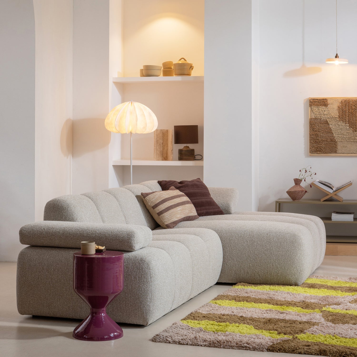 Modulares Sofa MOJO - 1,5-sitziges Element linksseitig in beigem Mélange Bouclé