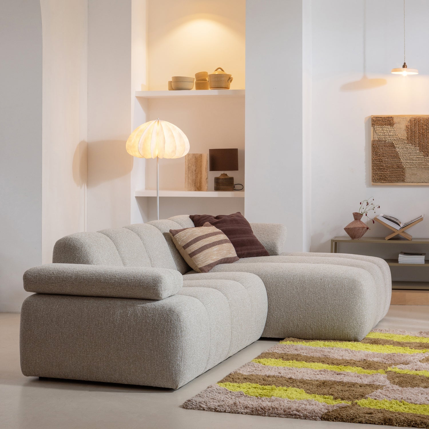 Modulares Sofa MOJO - rechtsseitiger Chaiselongue in beigem Mélange Bouclé