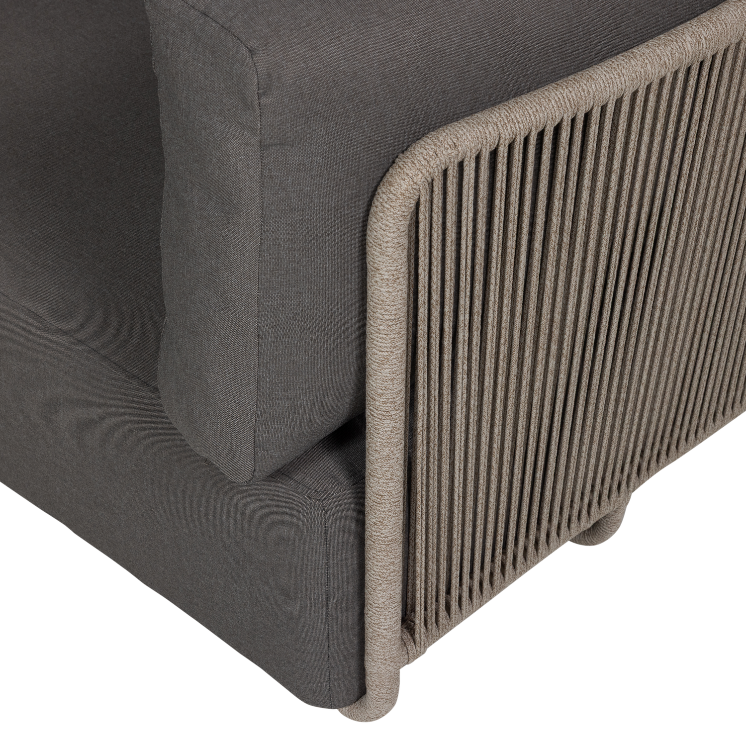 Symmetrische tuinhoekbank SORA grijs met een bruine frame