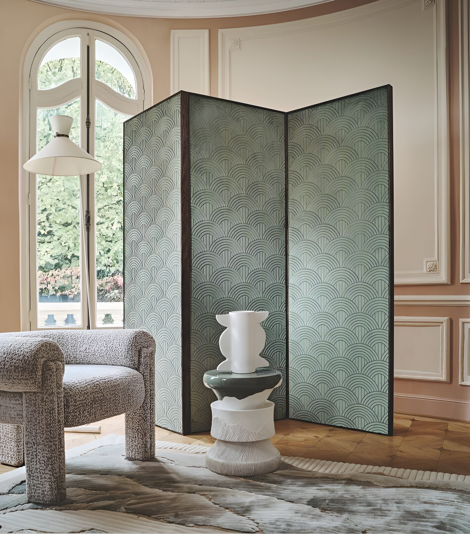 Textilstruktur-Tapete mit geometrischem Bogenmuster VOLUTIS - MOUTARDE senfgelb