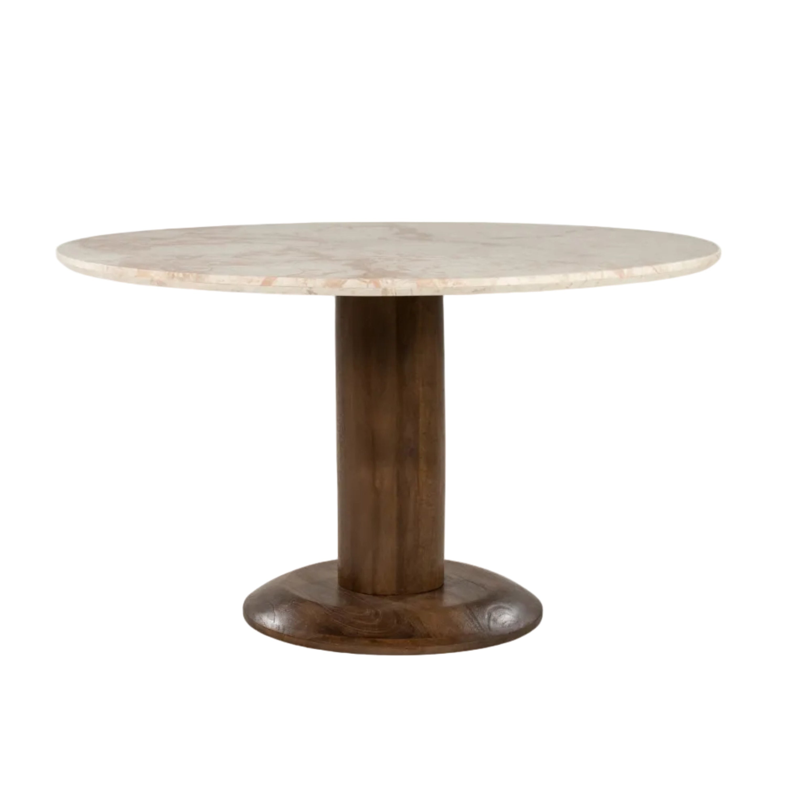 Ronde tafel TED met een marmeren blad en een basis van mango-hout.