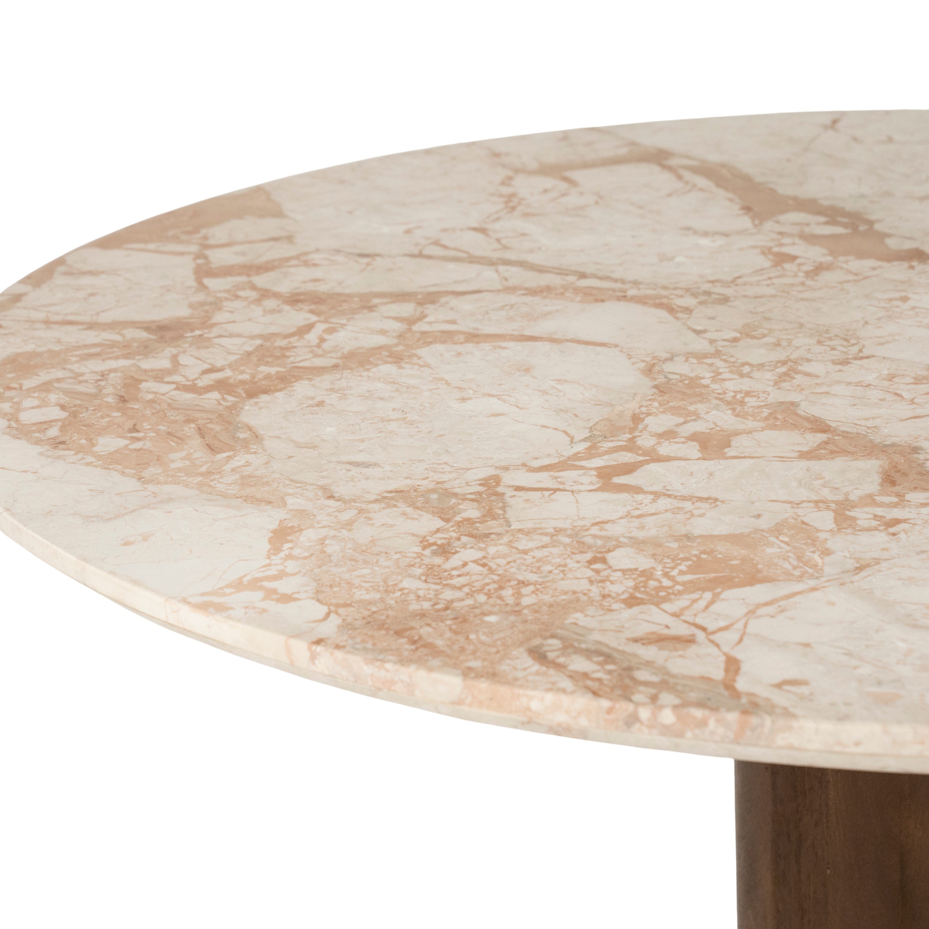 Ronde tafel TED met een marmeren blad en een basis van mango-hout.