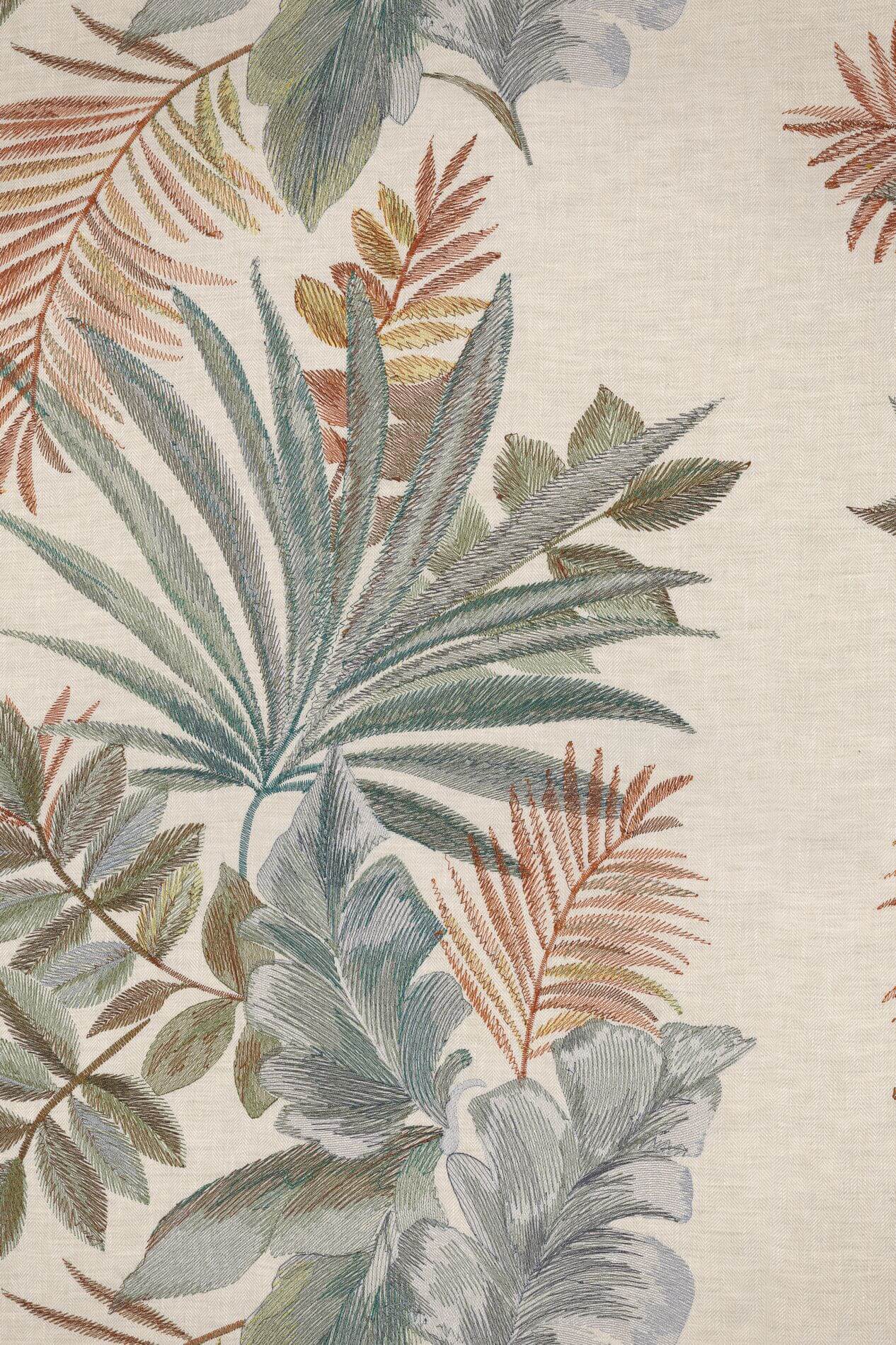 Textile wallpaper with a plant motif of leaves JARDIN EPHEMERE - EARTH OF SIENNA muted pink with green