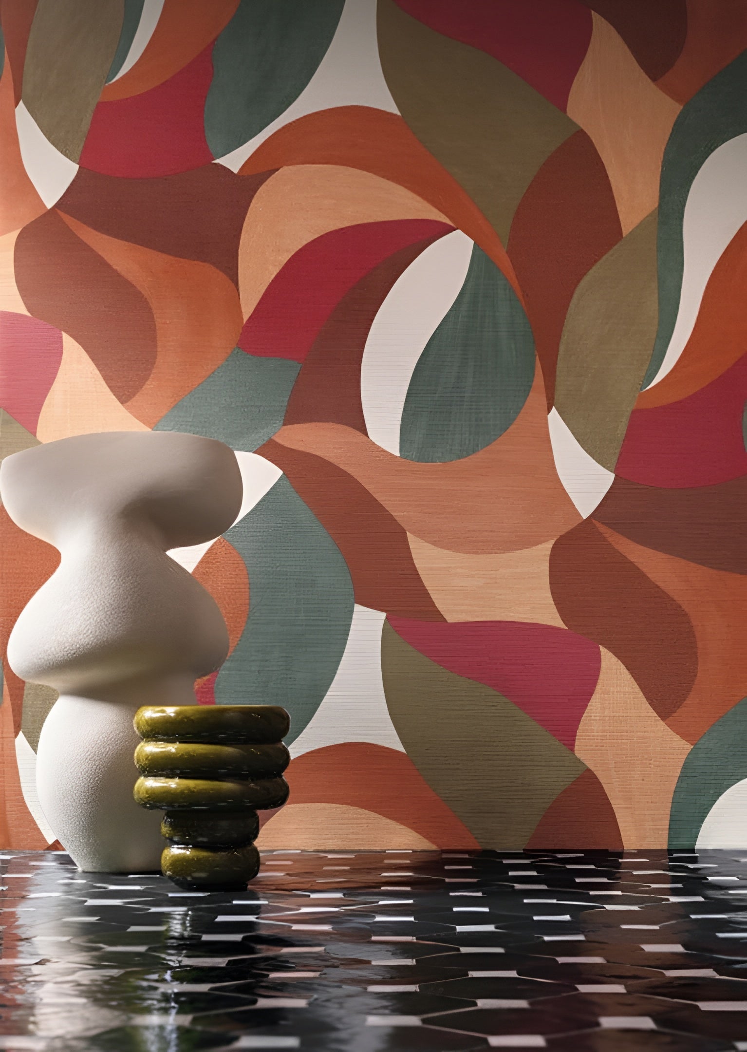 Tapete mit abstraktem Pflanzenmotiv in Blättern MANDORLA - ORANGE BRULEE/VERT IMPERIAL orange mit grün