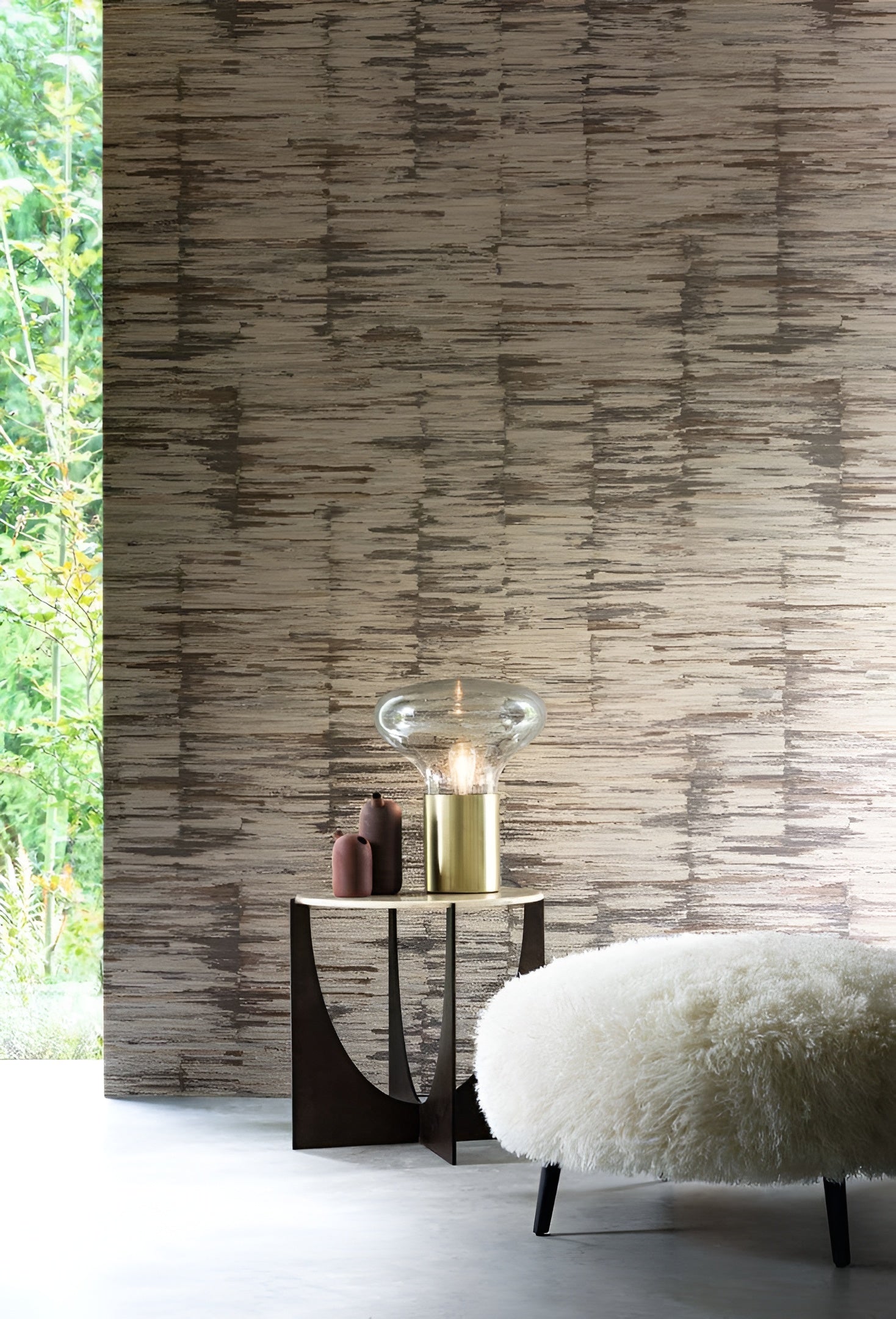 Textile wallpaper with a structured stripe design ALCHEMILLA - TAUPE/MORDORÉ brown with beige