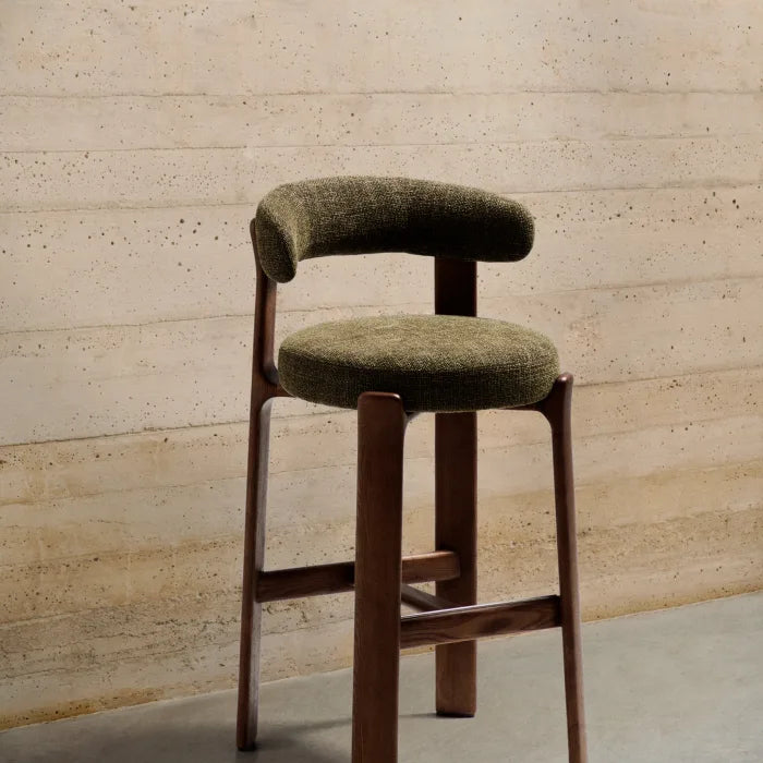 Hocker GRANITE groen chenille met een donkere essen basis