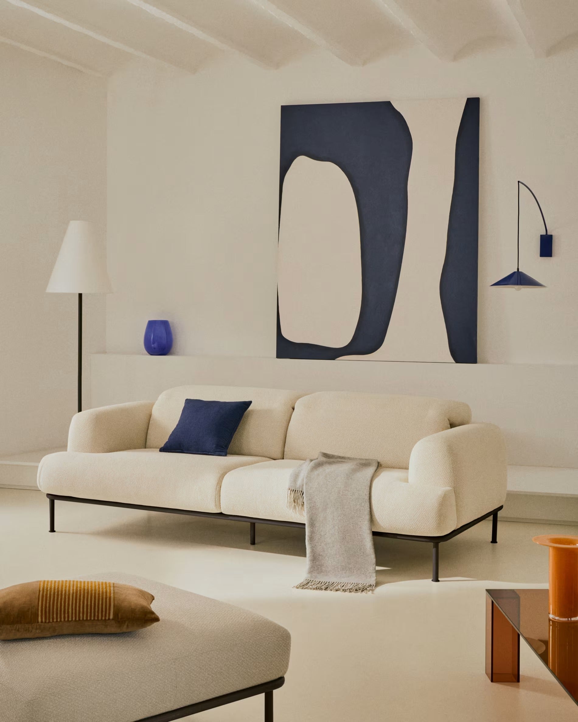 Sofa 3-zits AURUM ecru chenille met donkergrijze basis