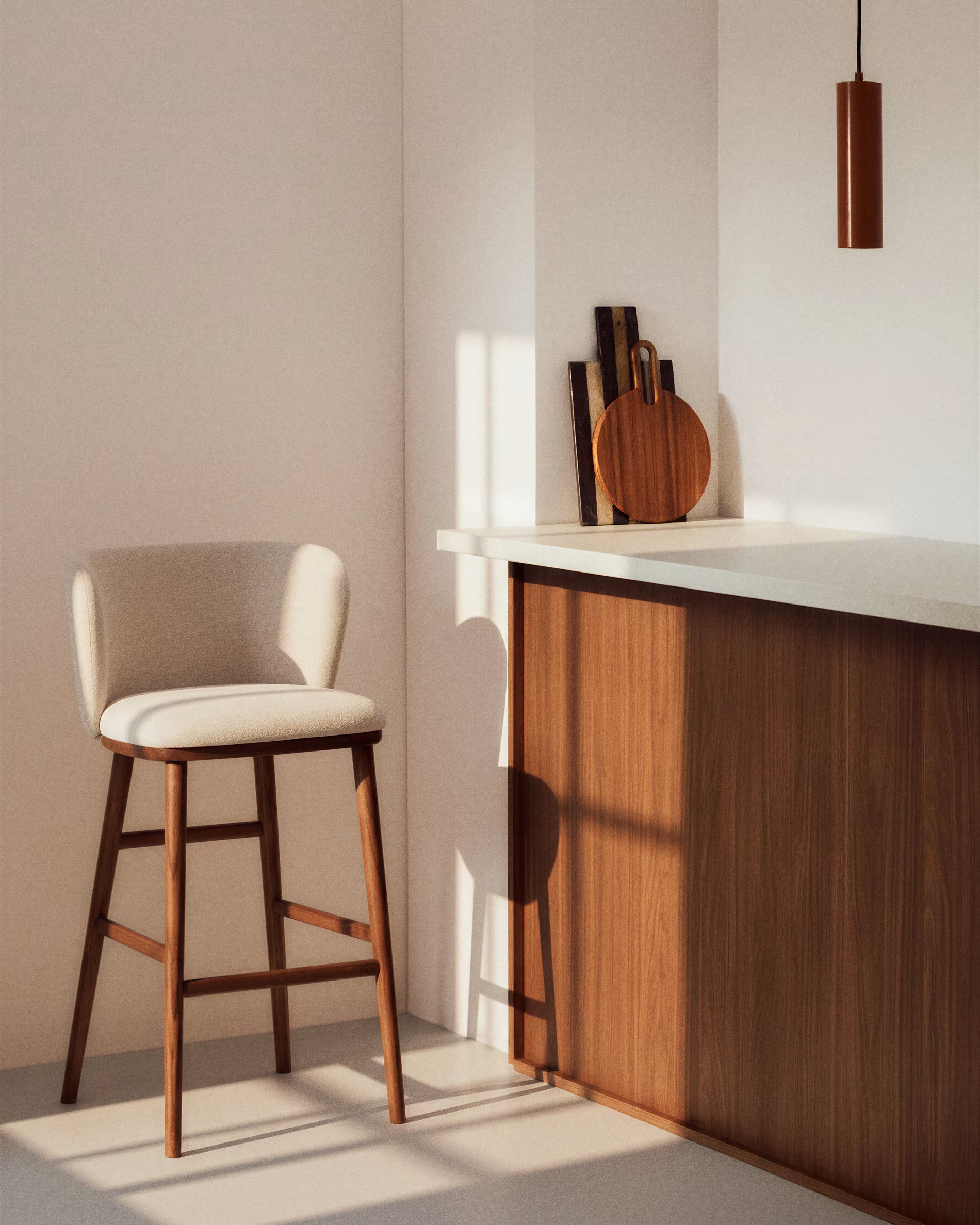 Bar Stool CISELIA beige chenille with dark ash base