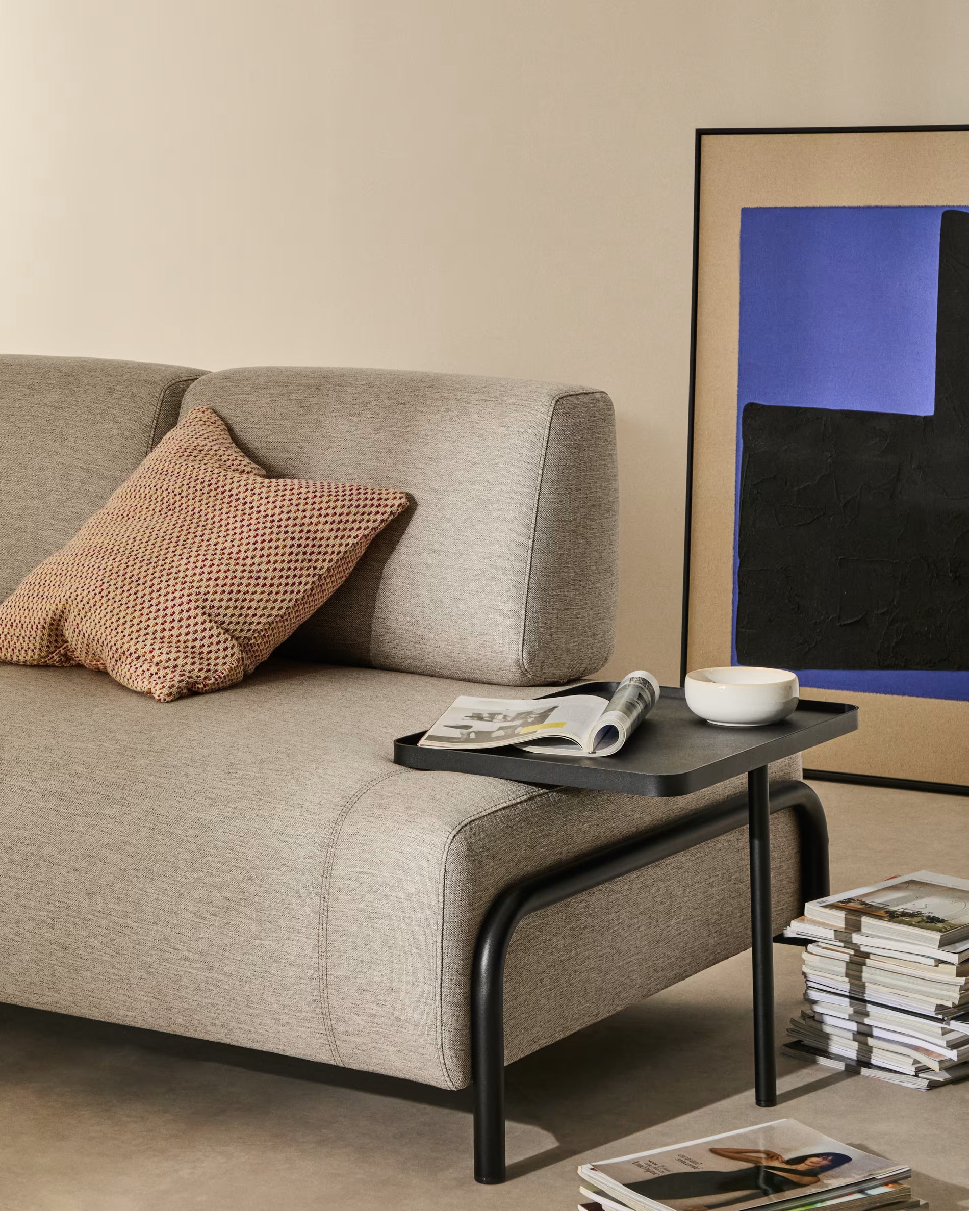 2-sitziges Sofa linksseitig mit Regal COMPO grau-beige mit schwarzem Gestell