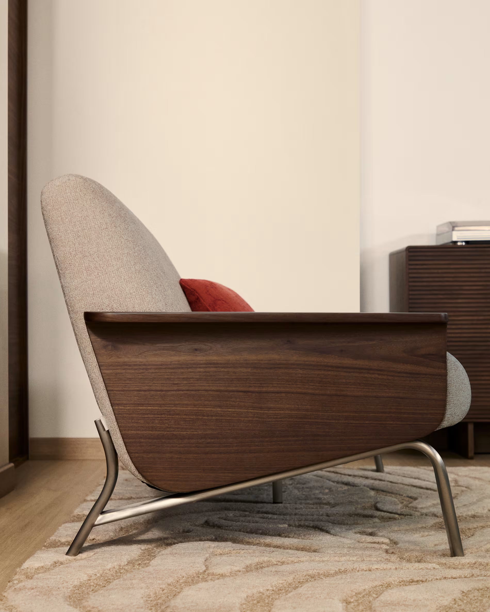 Sofa 2-zits AMSEN lichtbruin met notenhouten multiplex en stalen basis