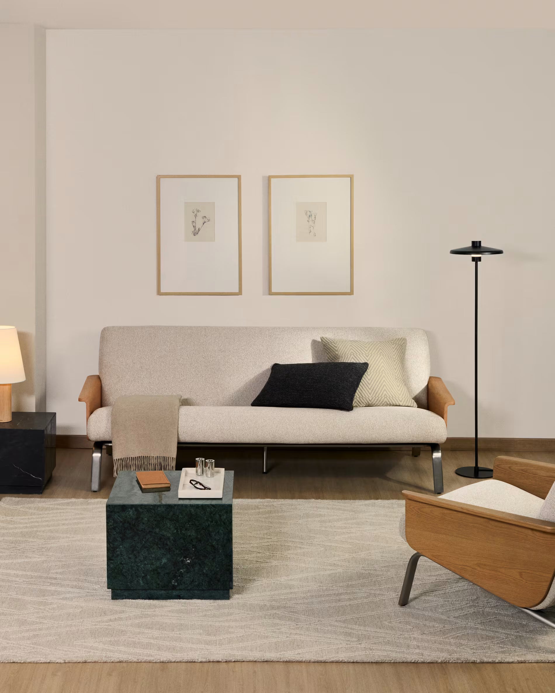 3-seater Sofa AMSEN beige with oak plywood and steel base