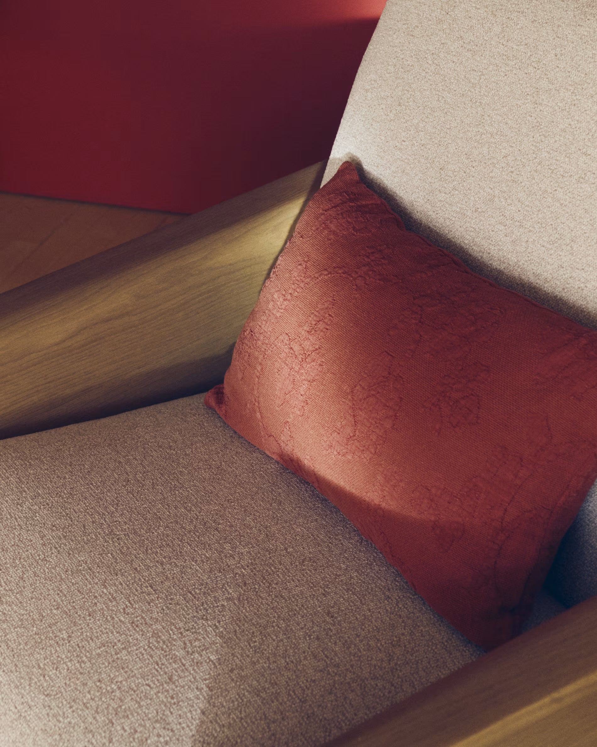 Beige AMSEN armchair with oak plywood and steel base