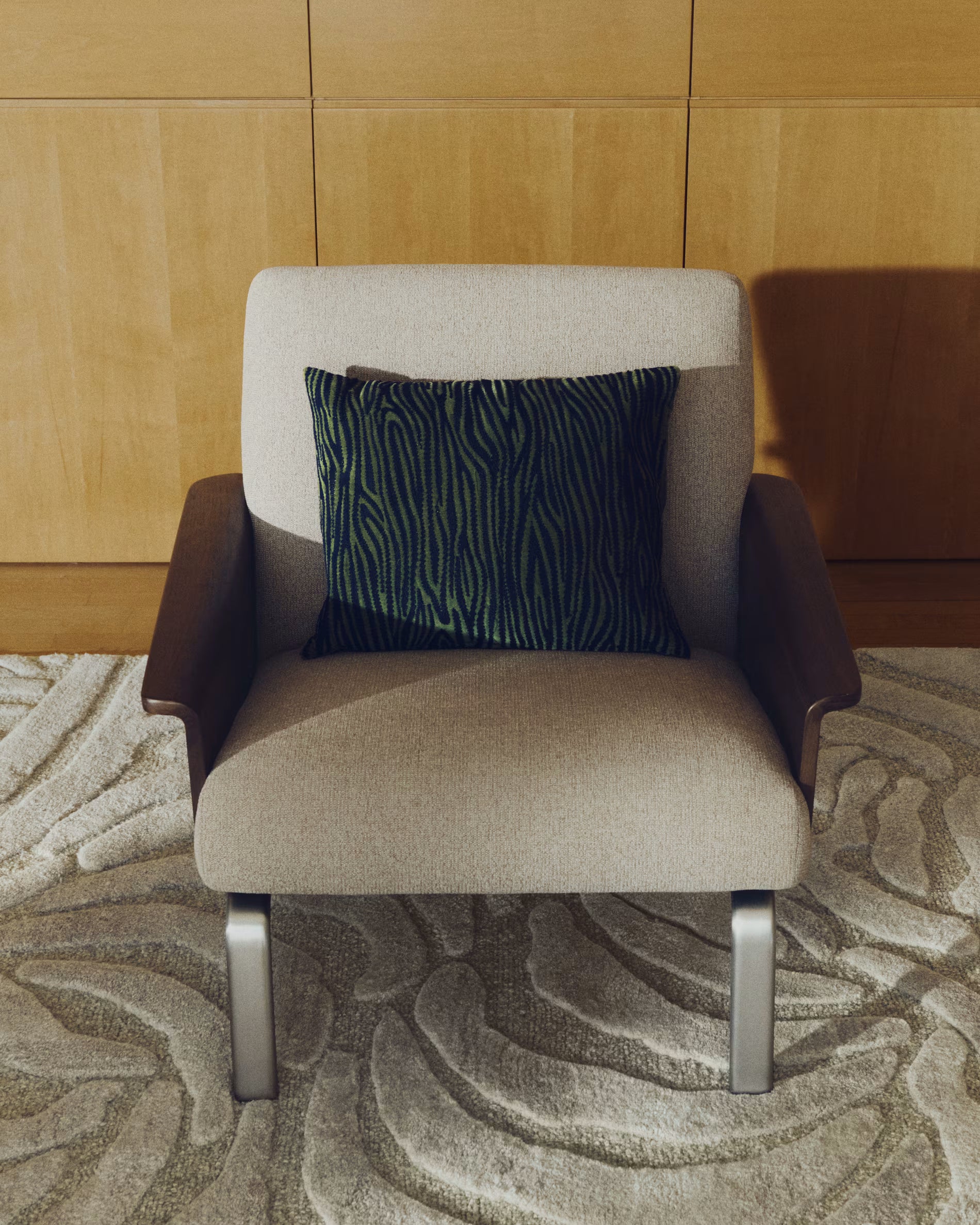 AMSEN armchair in light brown with walnut plywood and steel base