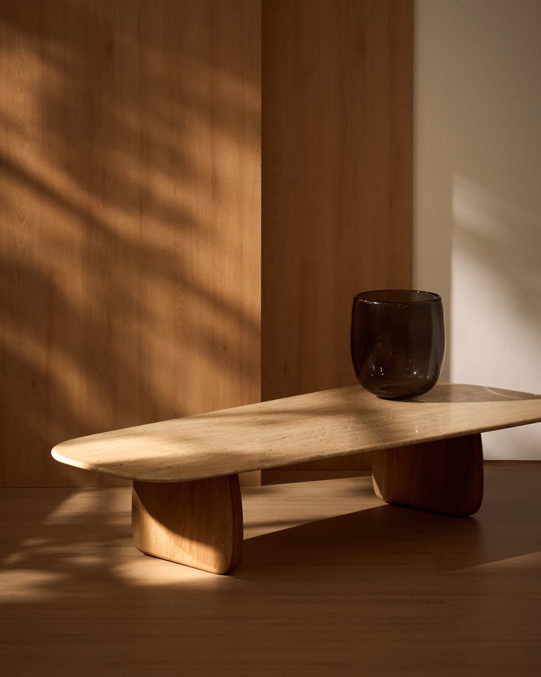 PIRITA Coffee Table in Travertine with Dark Wooden Base