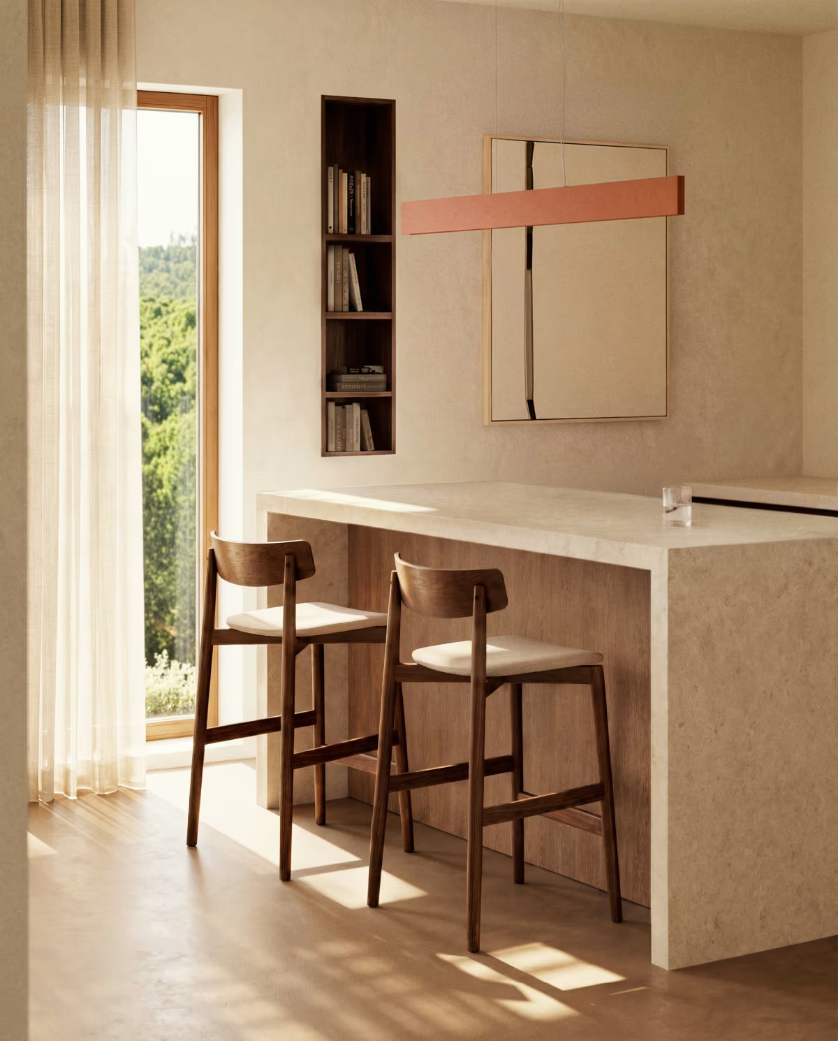Barstoel EVERA beige chenille met een donkere gefineerde eiken basis