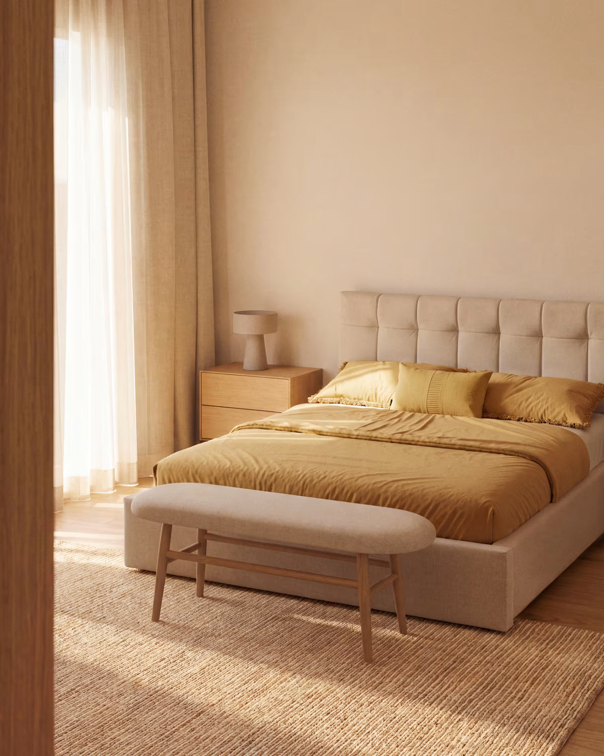 Bank HELDA beige chenille met een gefineerde eiken basis