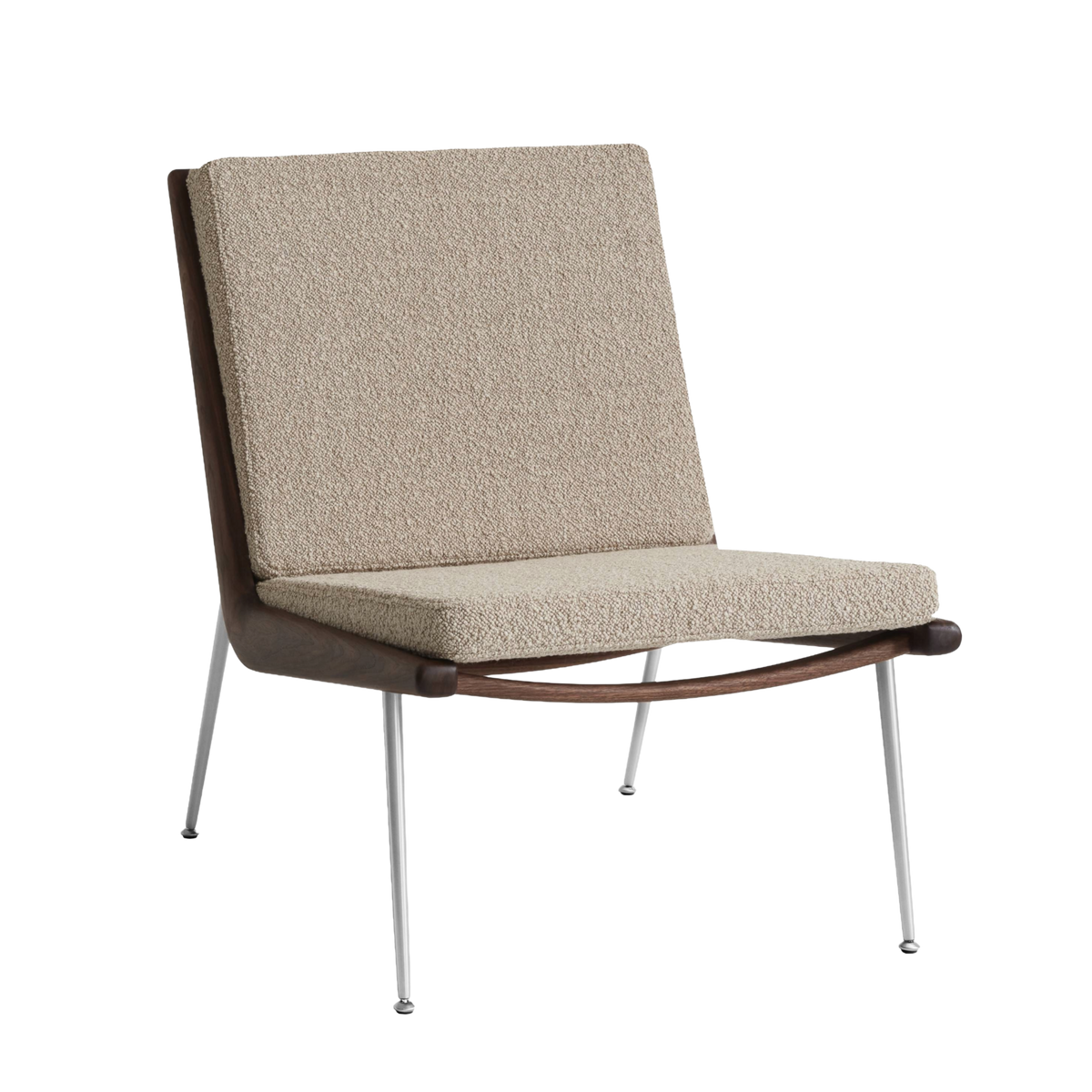 Fotel BOOMERANG HM1 met een notenhouten frame en een stalen basis