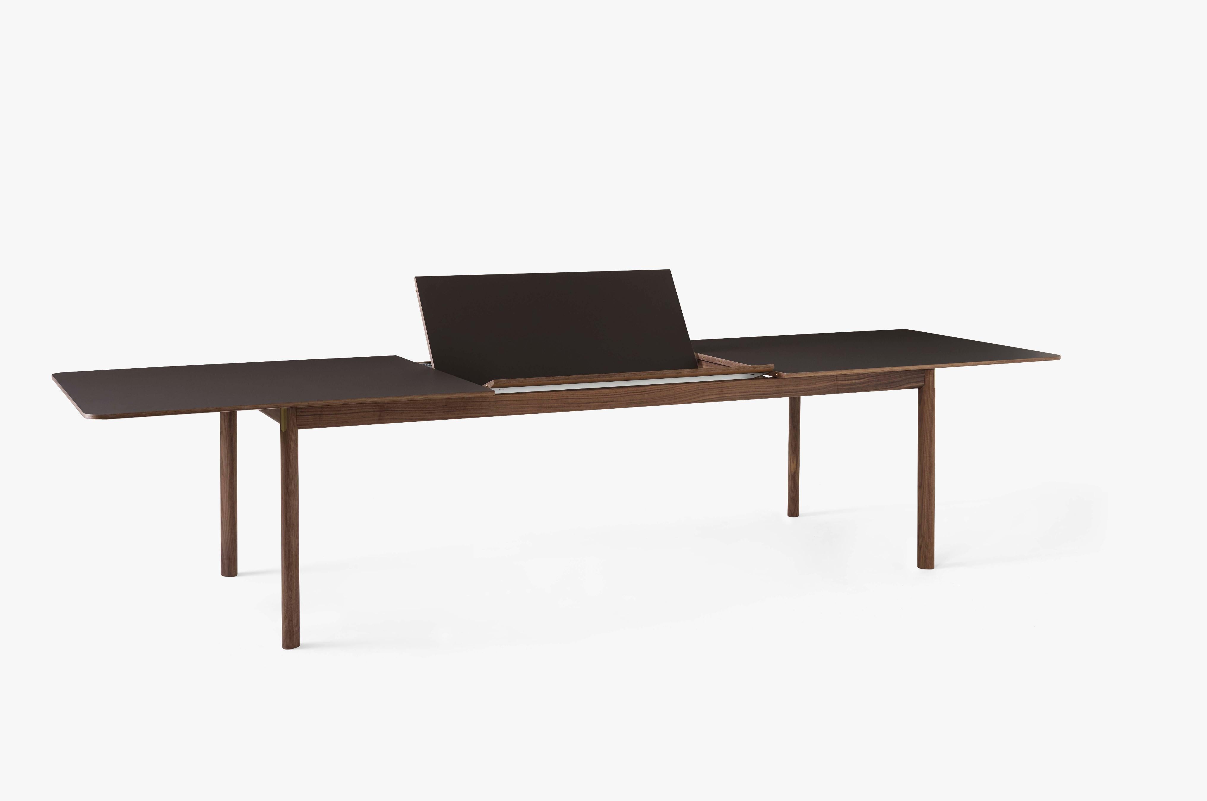 Uitschuifbare PATCH tafel met grijs gelamineerd blad en een basis van gerookt eikenhout