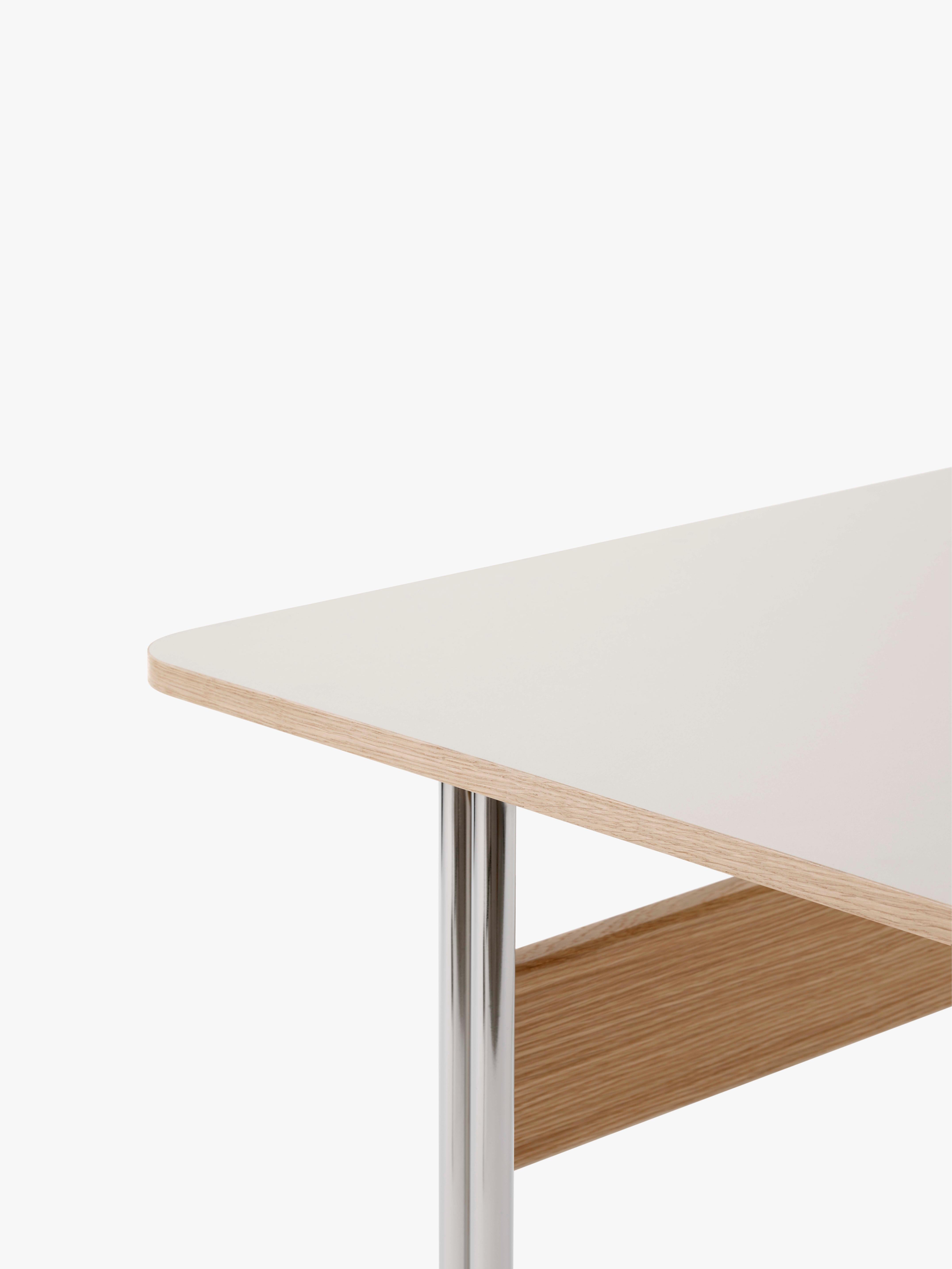 Bureau PAVILION met een beige linoleumblad, eiken afwerking en een stalen basis