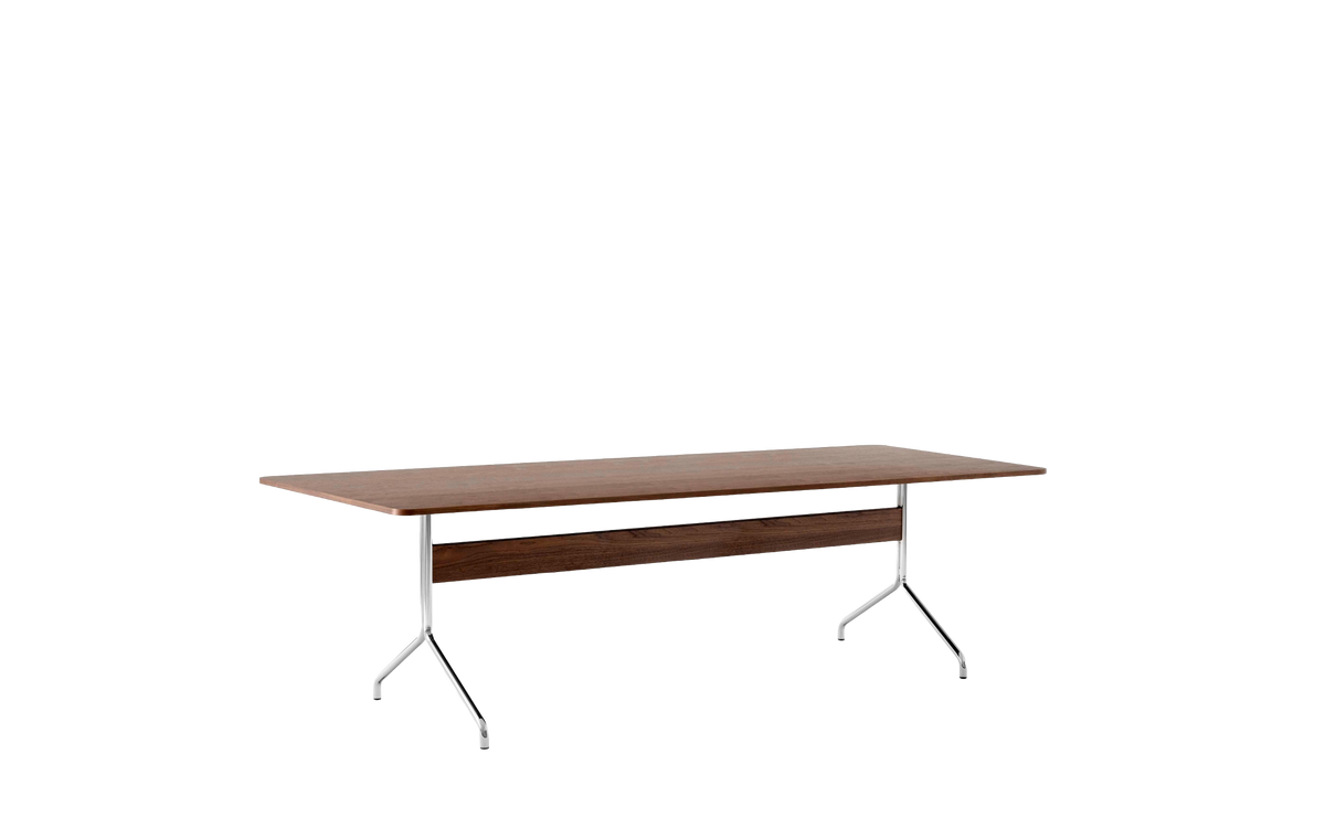 Gecoate PAVILION notenhouten tafel met een verchroomde basis