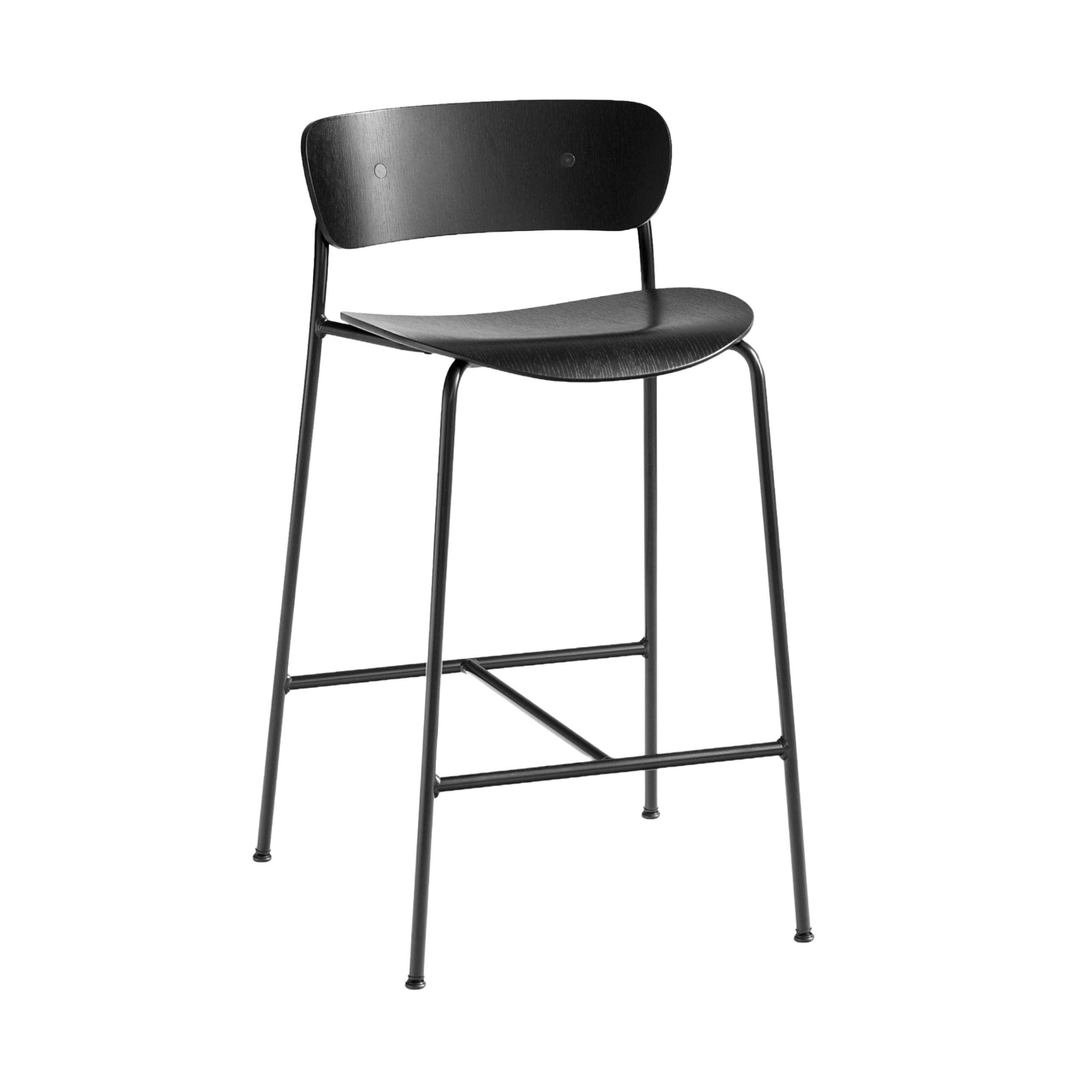 Hocker met rugleuning PAVILION zwart gelakt eiken met een zwarte stalen basis