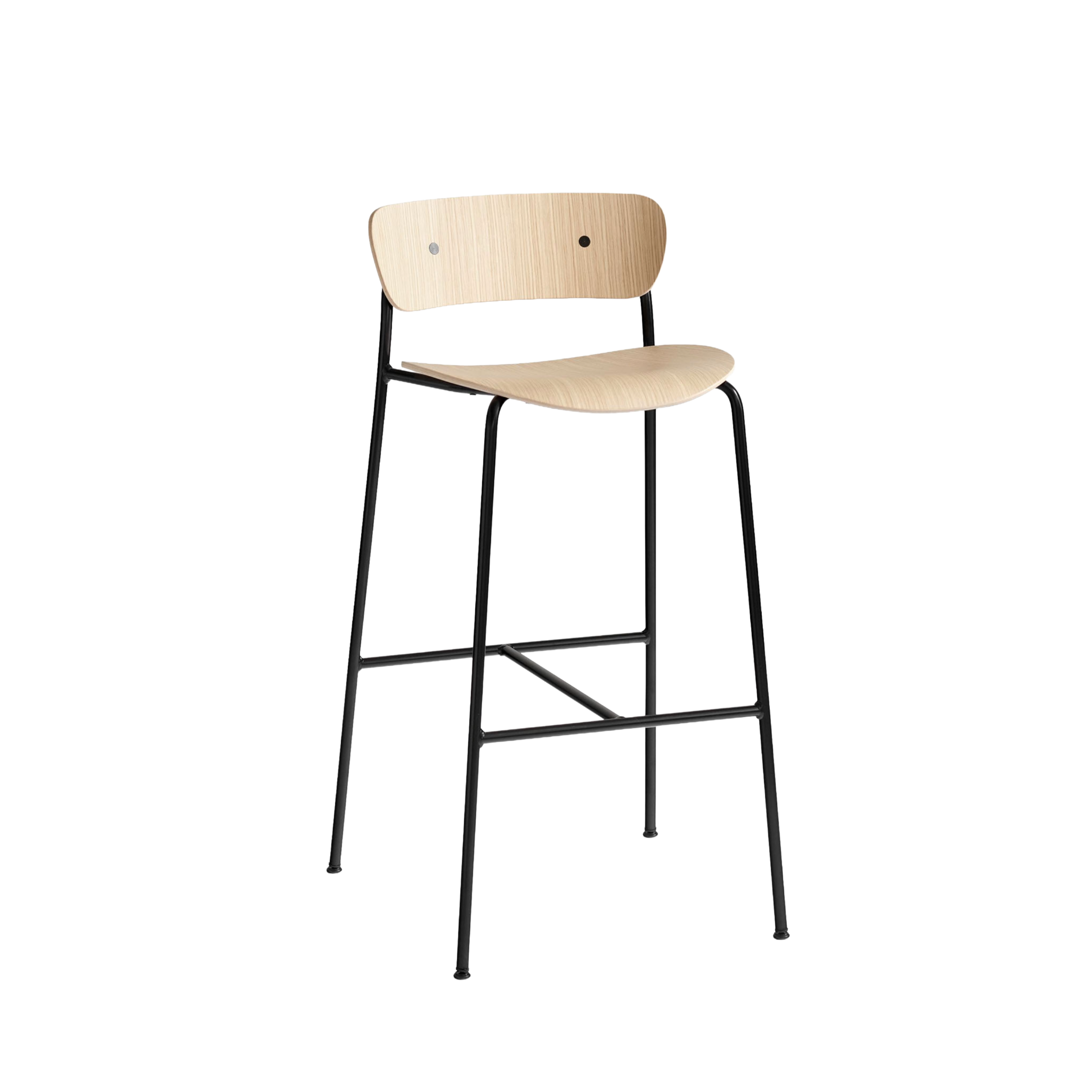 Hocker met rugleuning PAVILION gelakt eiken met een zwarte stalen basis