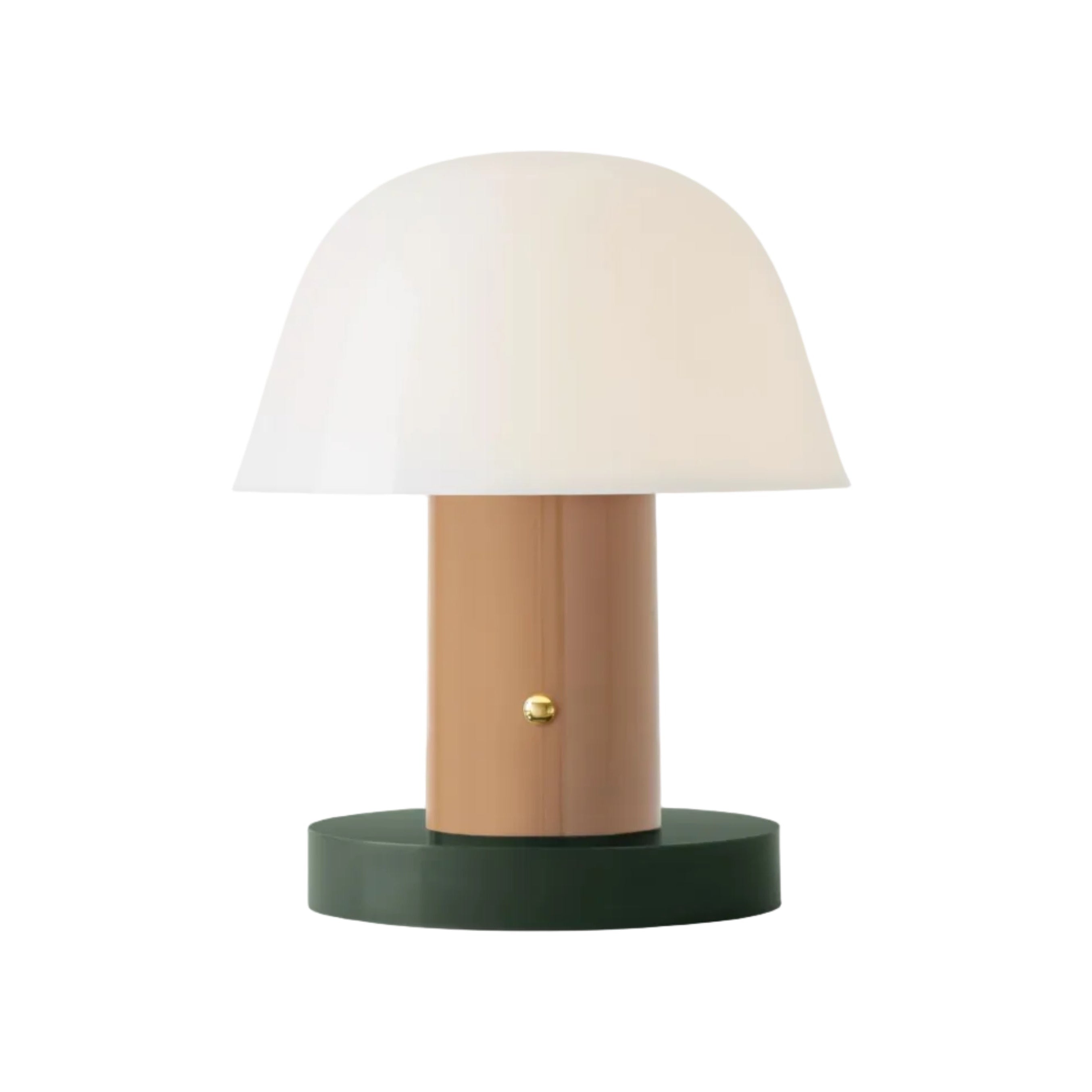 Draagbare lamp SETAGO JH27 met een crèmekleurige kap en een beige-groene voet.
