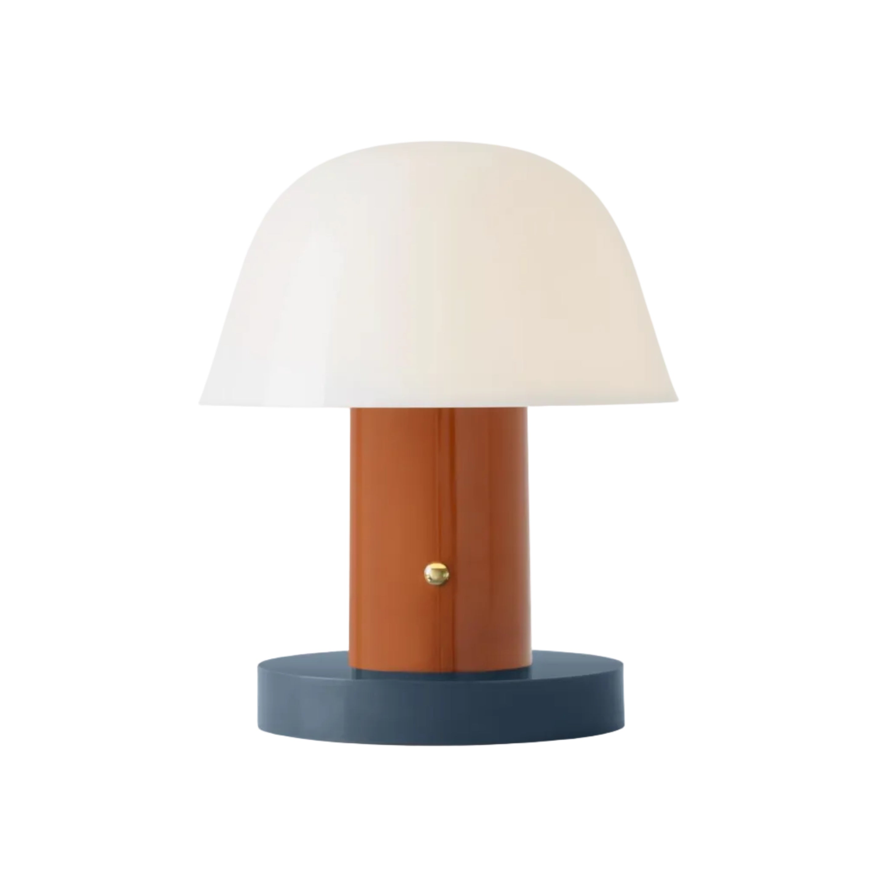 Draagbare lamp SETAGO JH27 met een crèmekleurige kap en een oranje-blauwe voet.