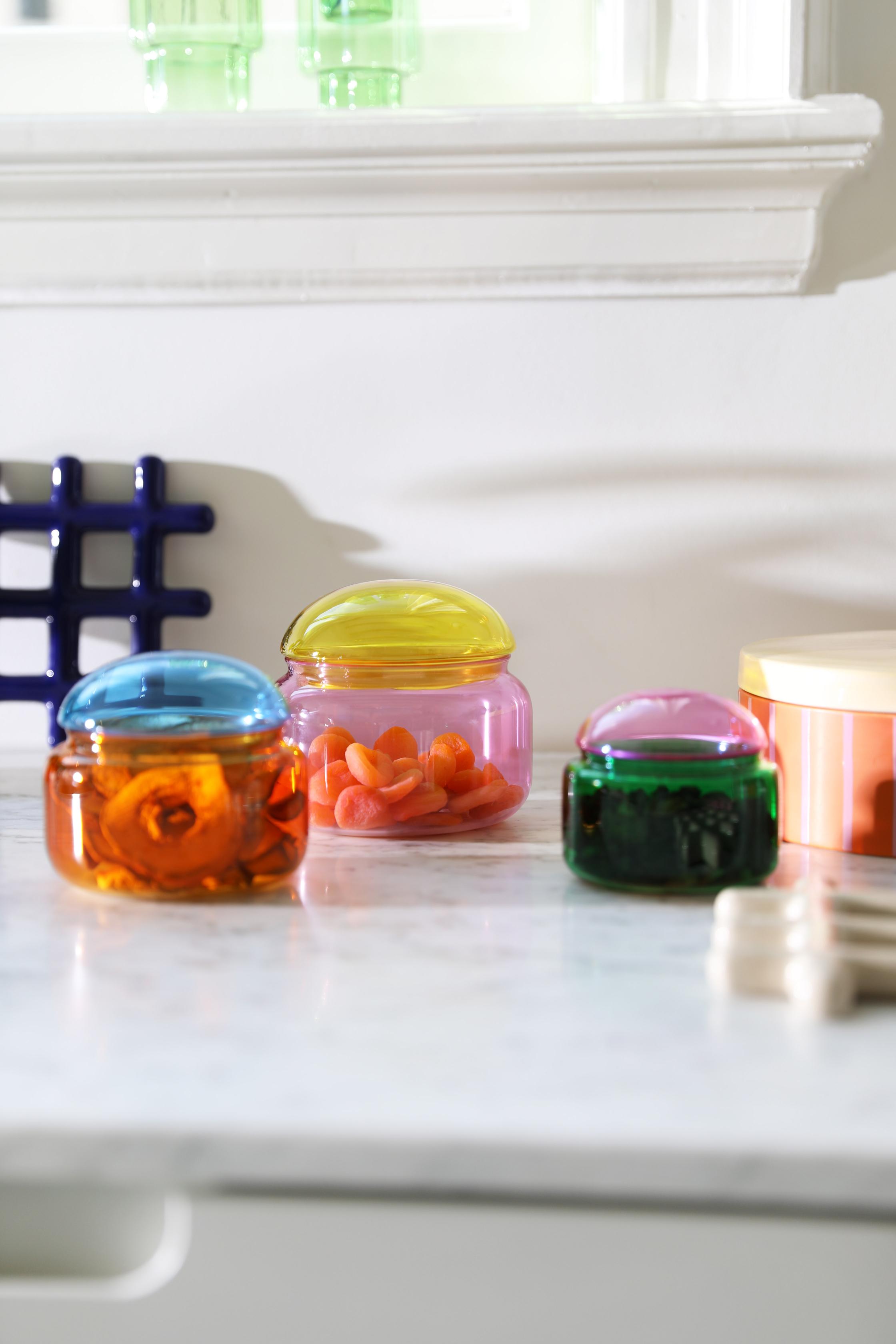 Glazen opbergdoos PUFFY groen met roze deksel