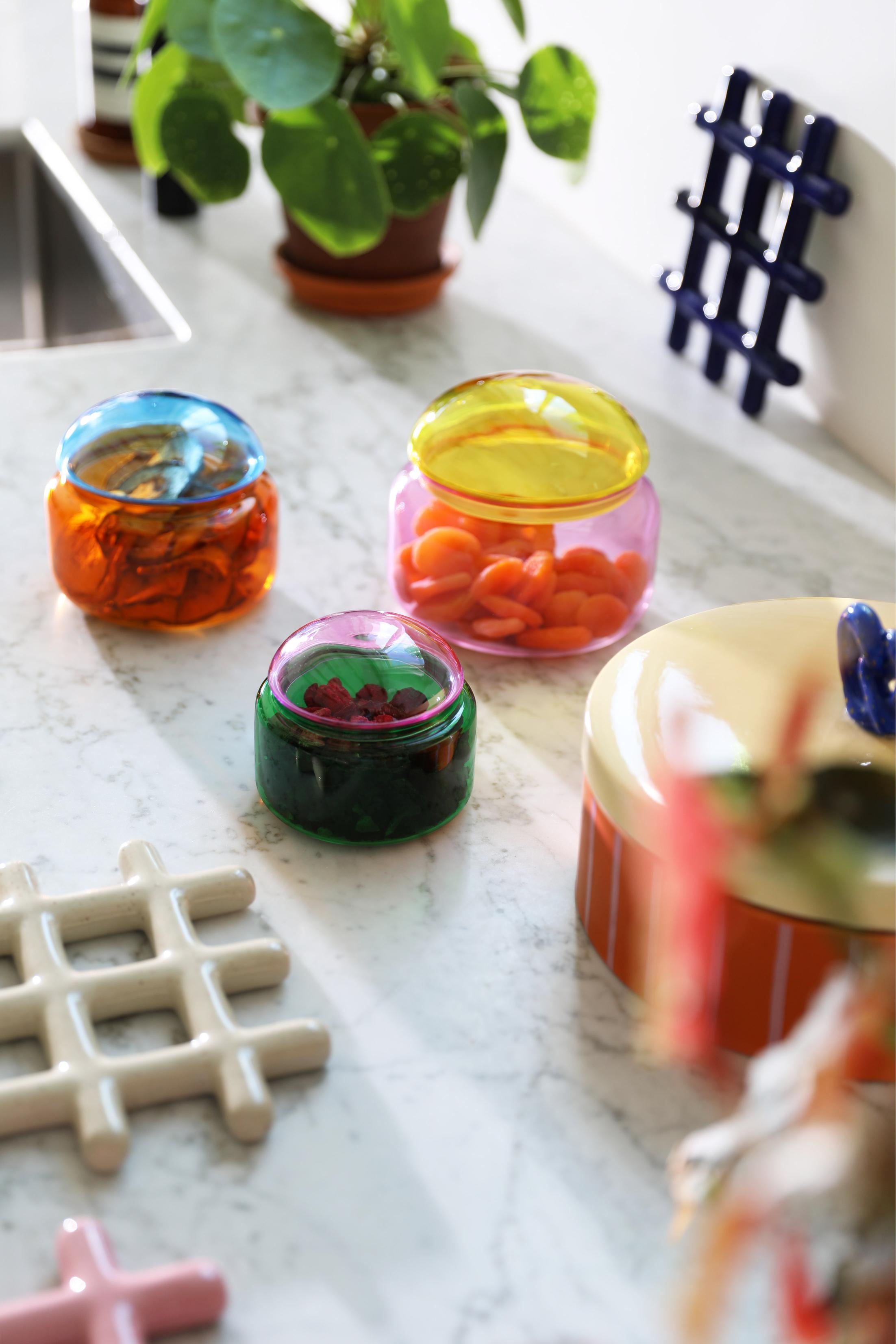 Glazen opbergdoos PUFFY groen met roze deksel