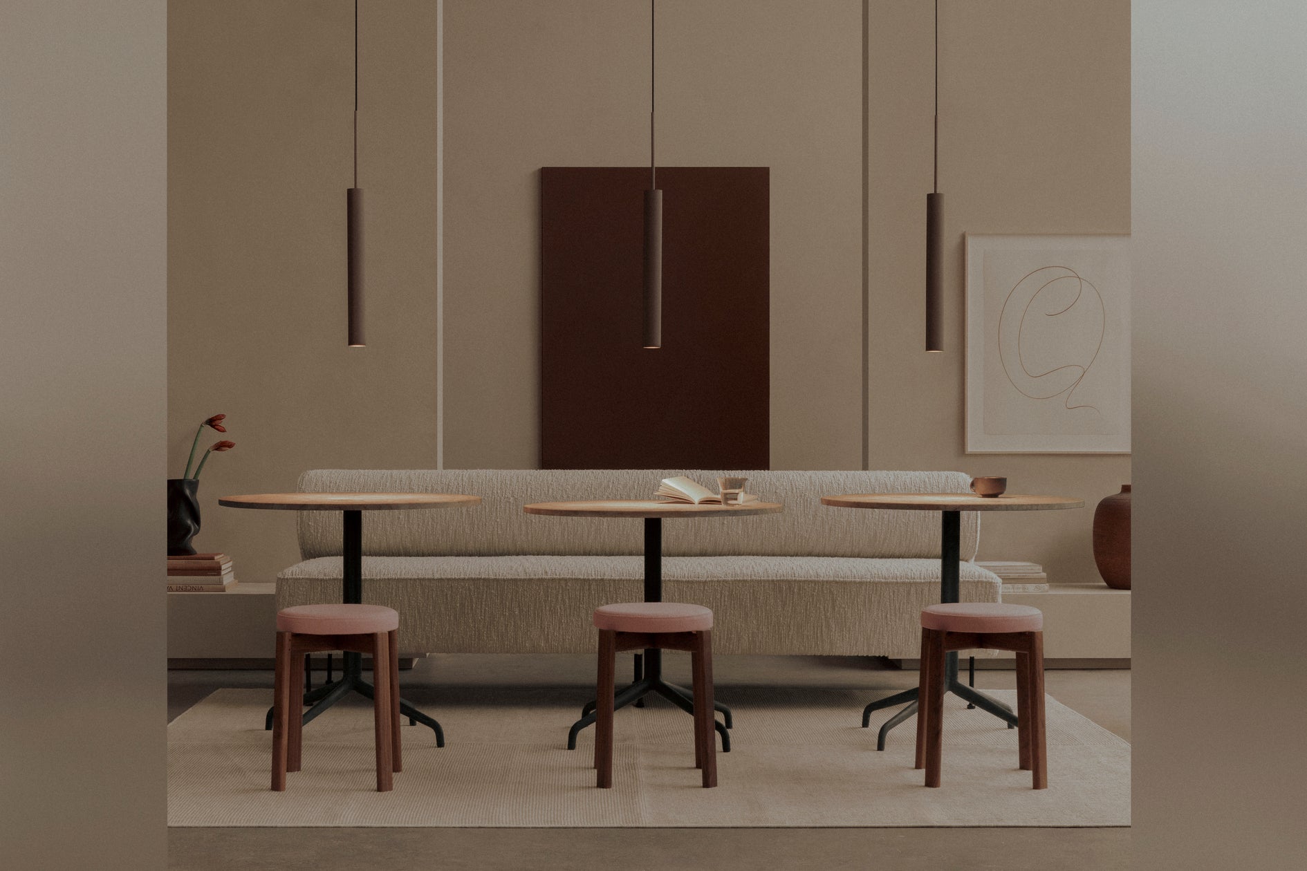 PASSAGE stool in burgundy with walnut base