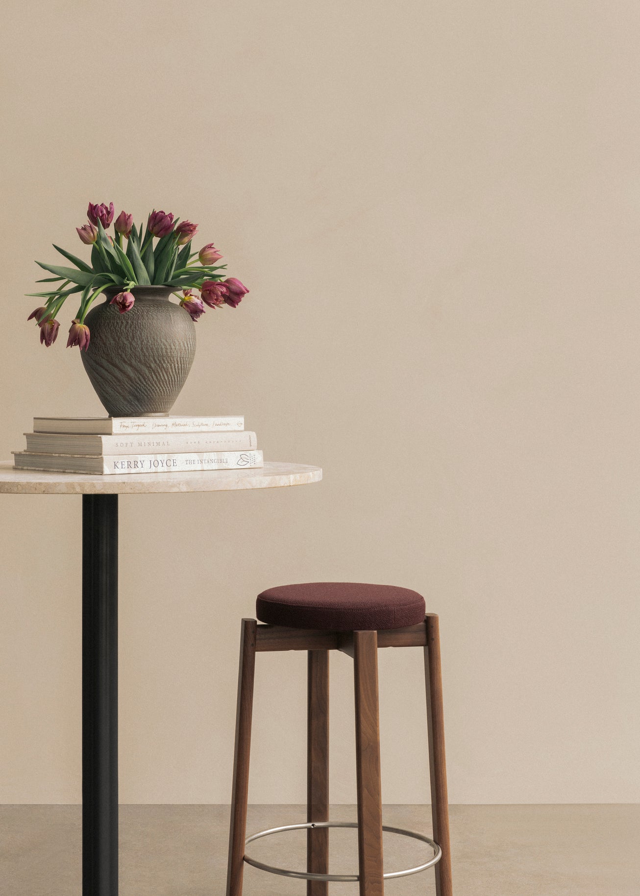 PASSAGE oak wood stool with beige seat