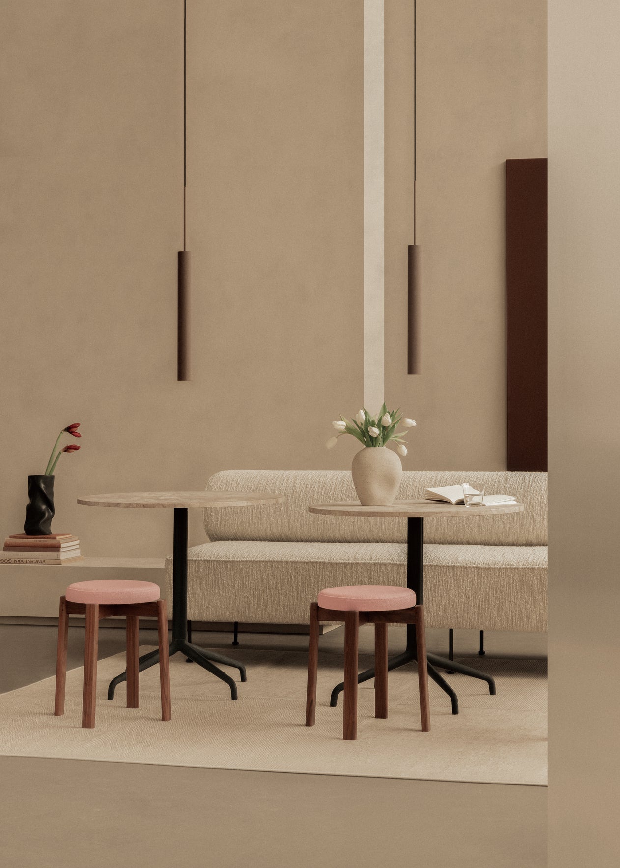 PASSAGE stool in burgundy with walnut base