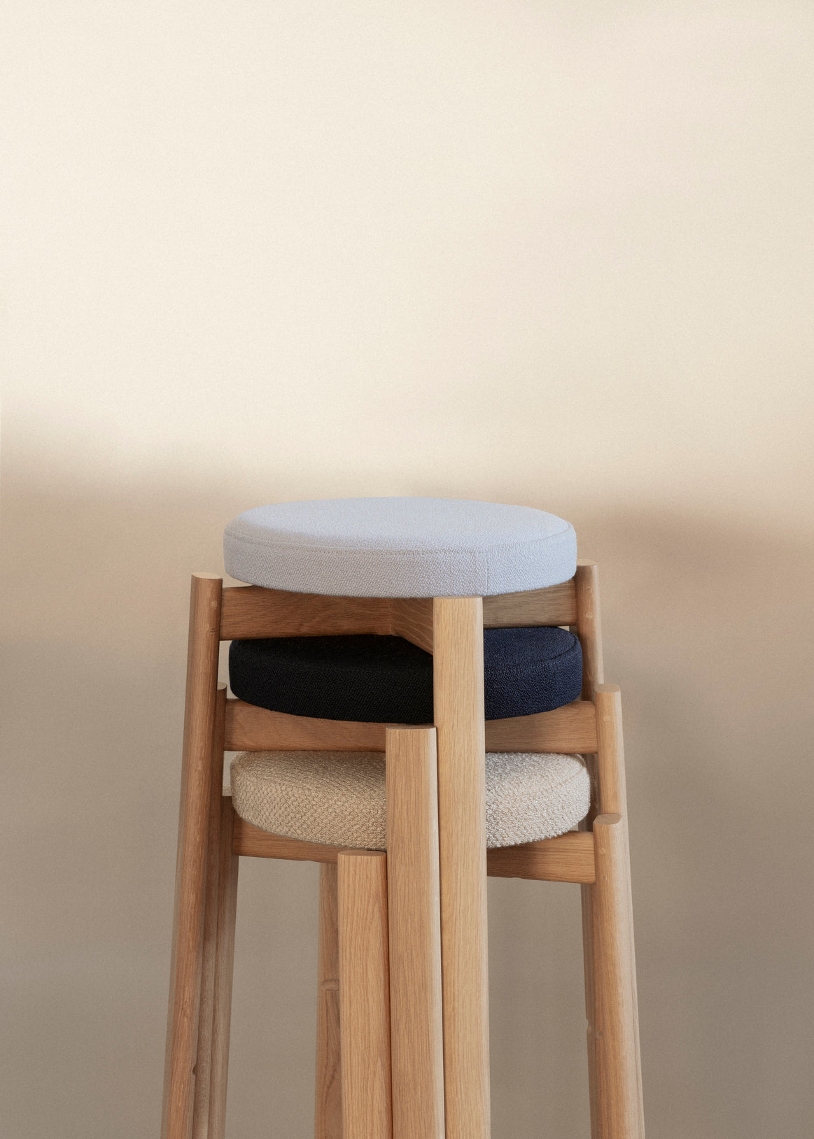 PASSAGE stool in burgundy with walnut base