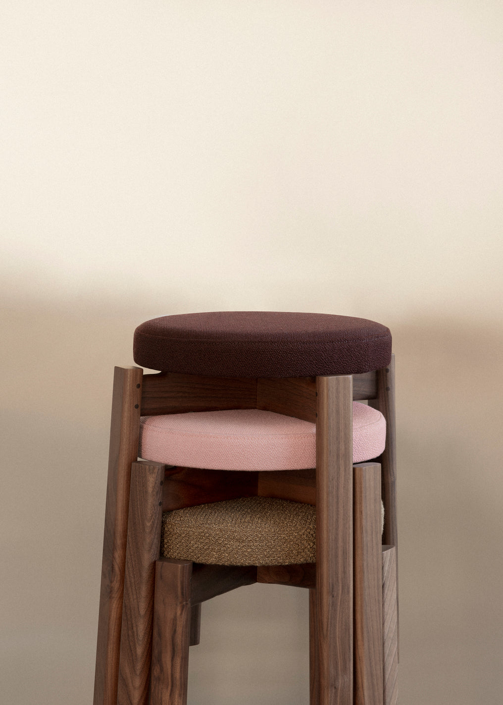 PASSAGE stool in burgundy with walnut base