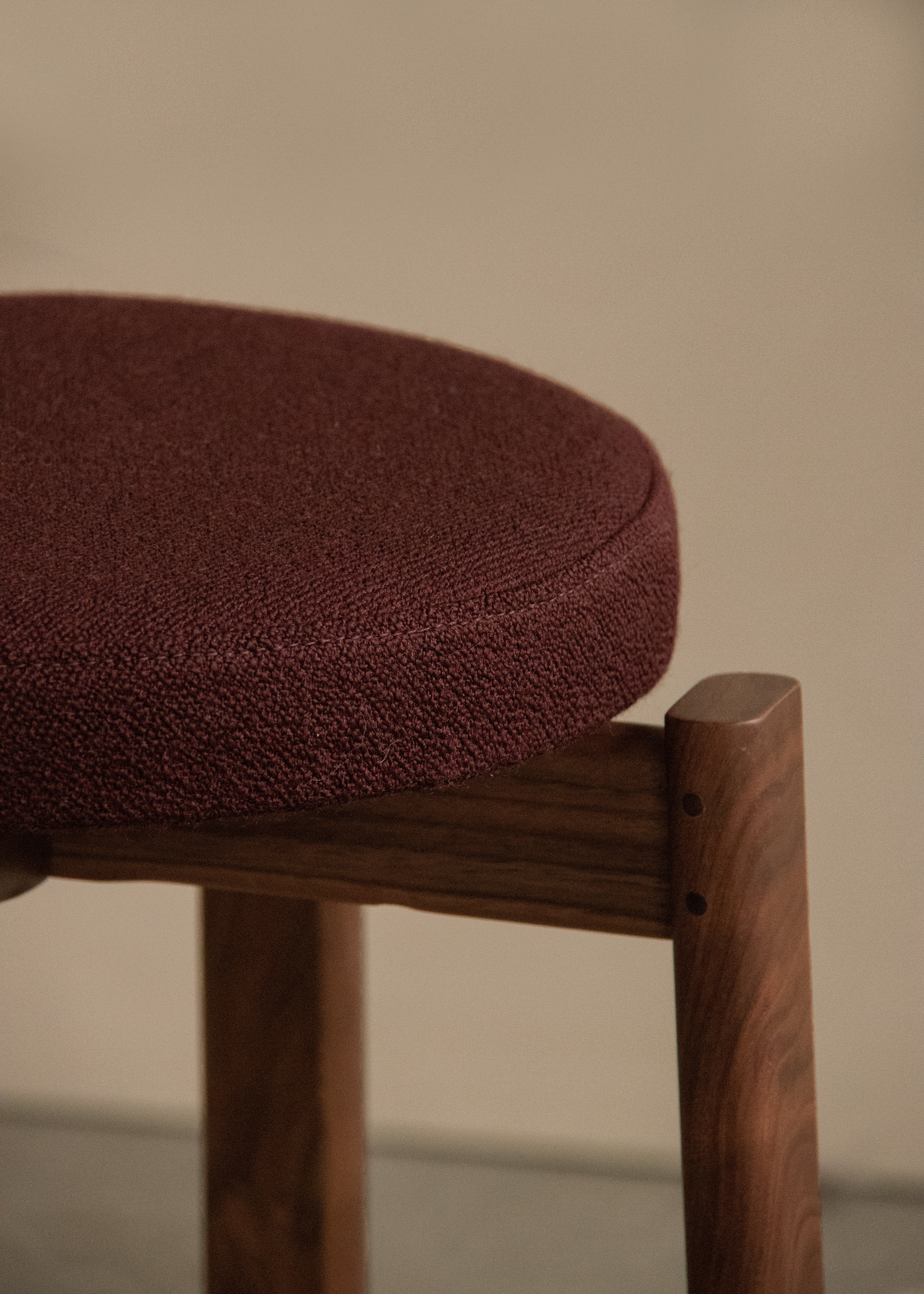 PASSAGE stool in burgundy with walnut base