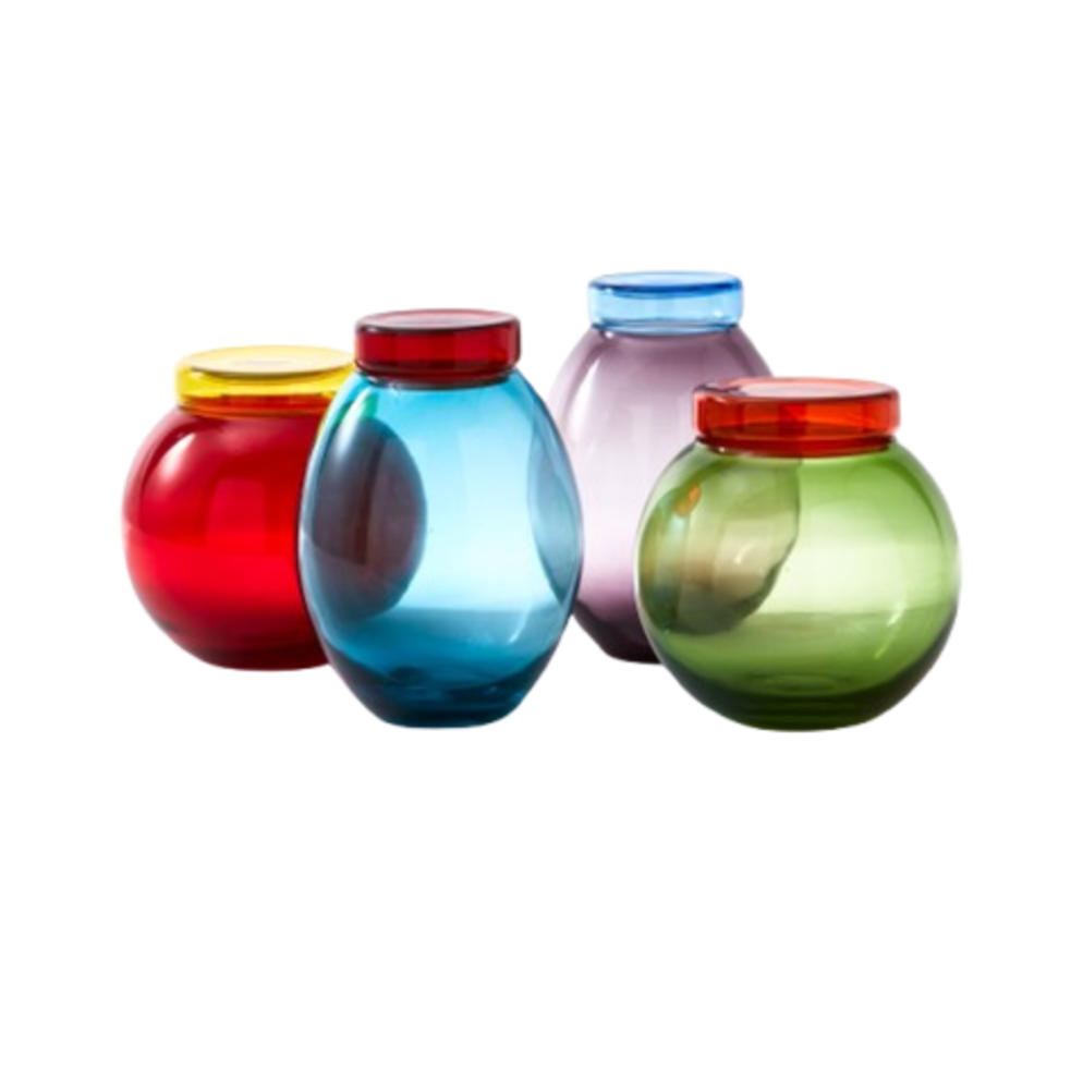 Aufgeblähte Deckel und Gläser Gläser Set farbiges Glas