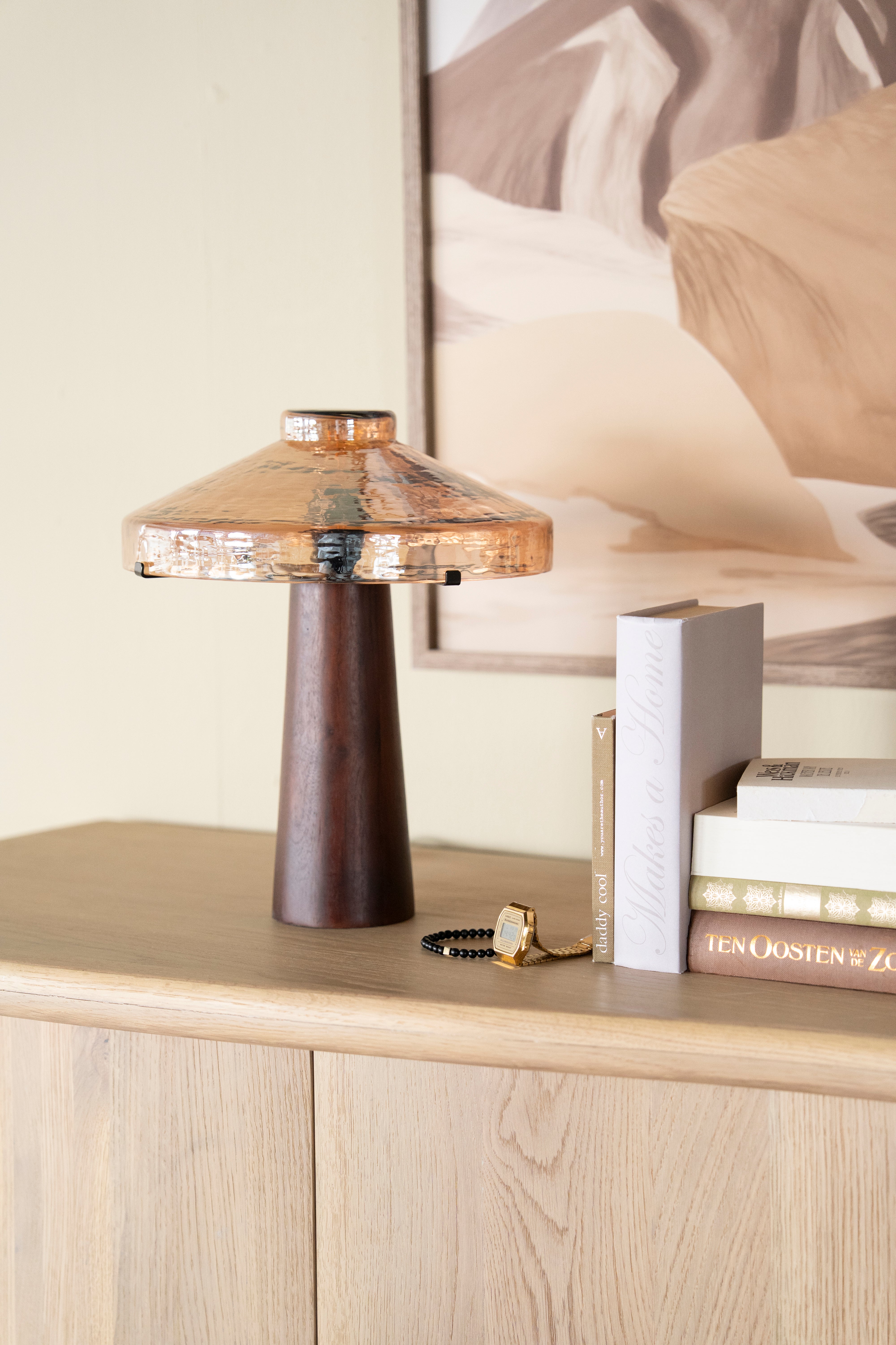 DOME table lamp with wooden base and glass shade