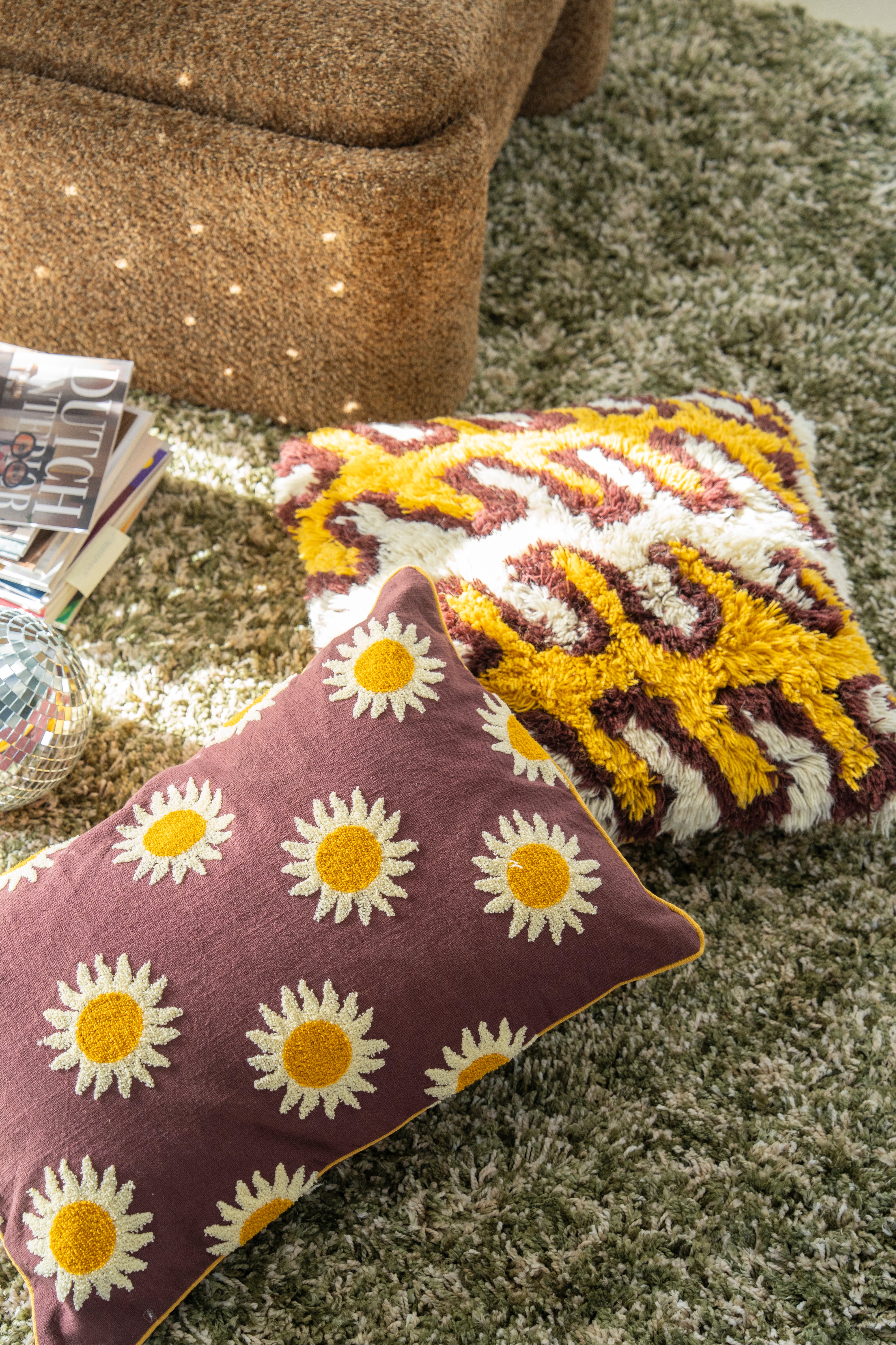 Kussen RAY geel met beige en bruin