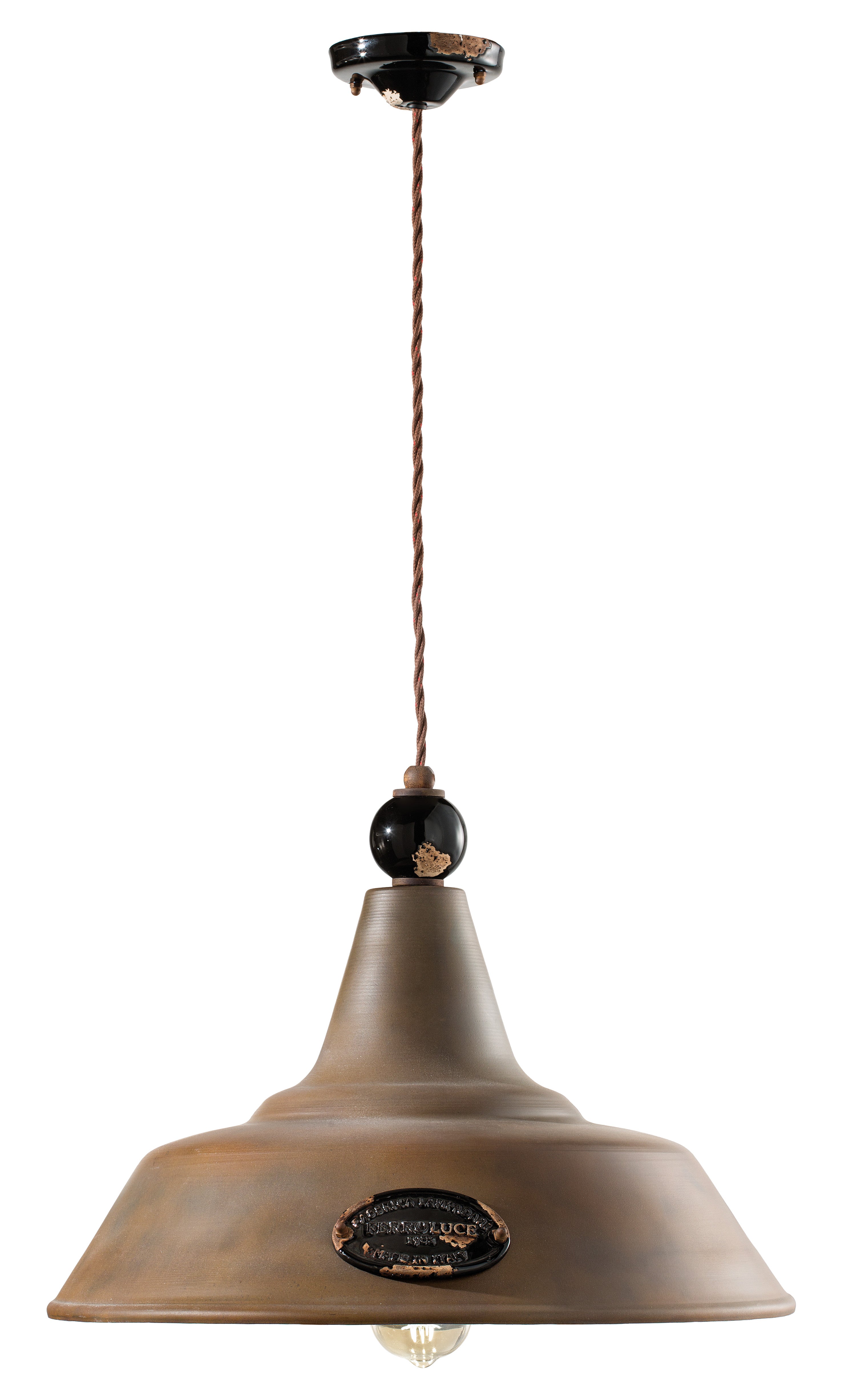 Hanglamp van keramiek en ijzer GRUNGE roestkleurig met zwart craquelé-effect