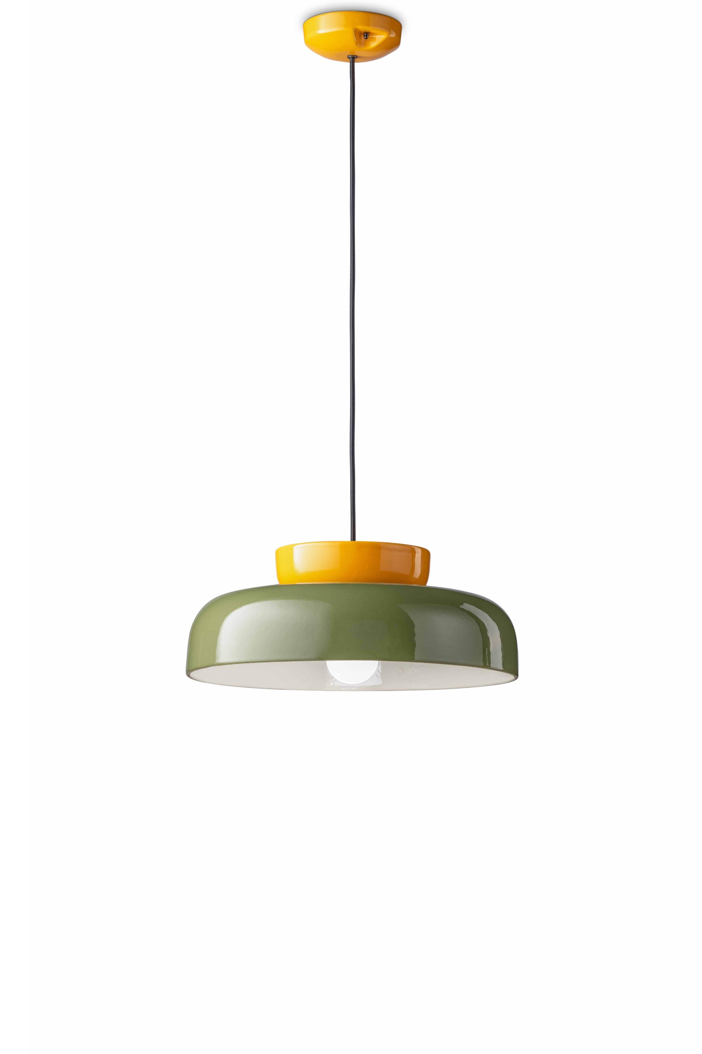 Ceramic pendant lamp MARACANÀ in sage with yellow