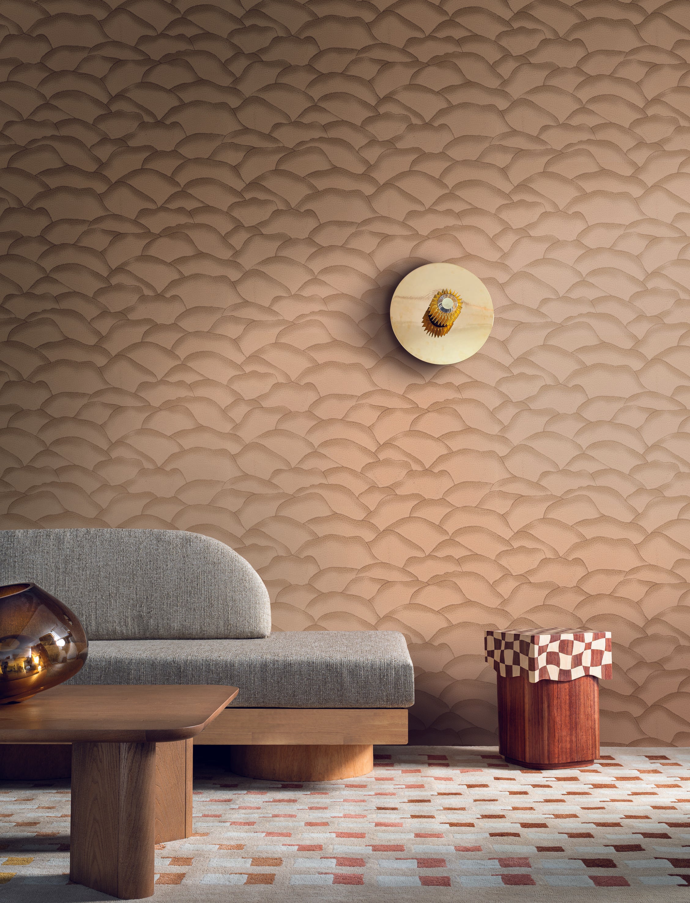 Structural wallpaper imitating fabric with an abstract wave pattern ONDULA light brown