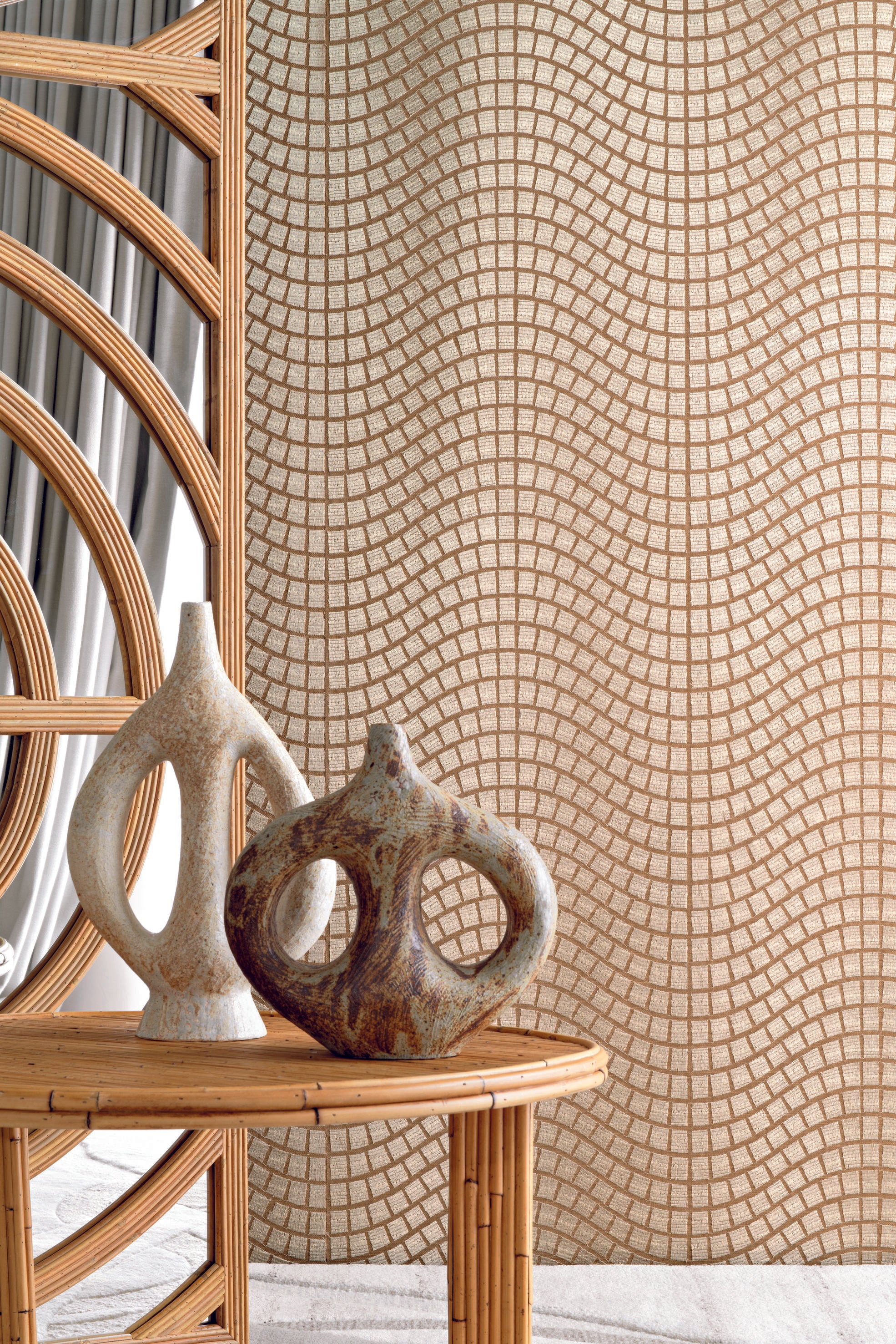 Geweven wandbekleding van plantaardige vezels met geometrisch patroon ONSEN - BEIGE NATUREL beige