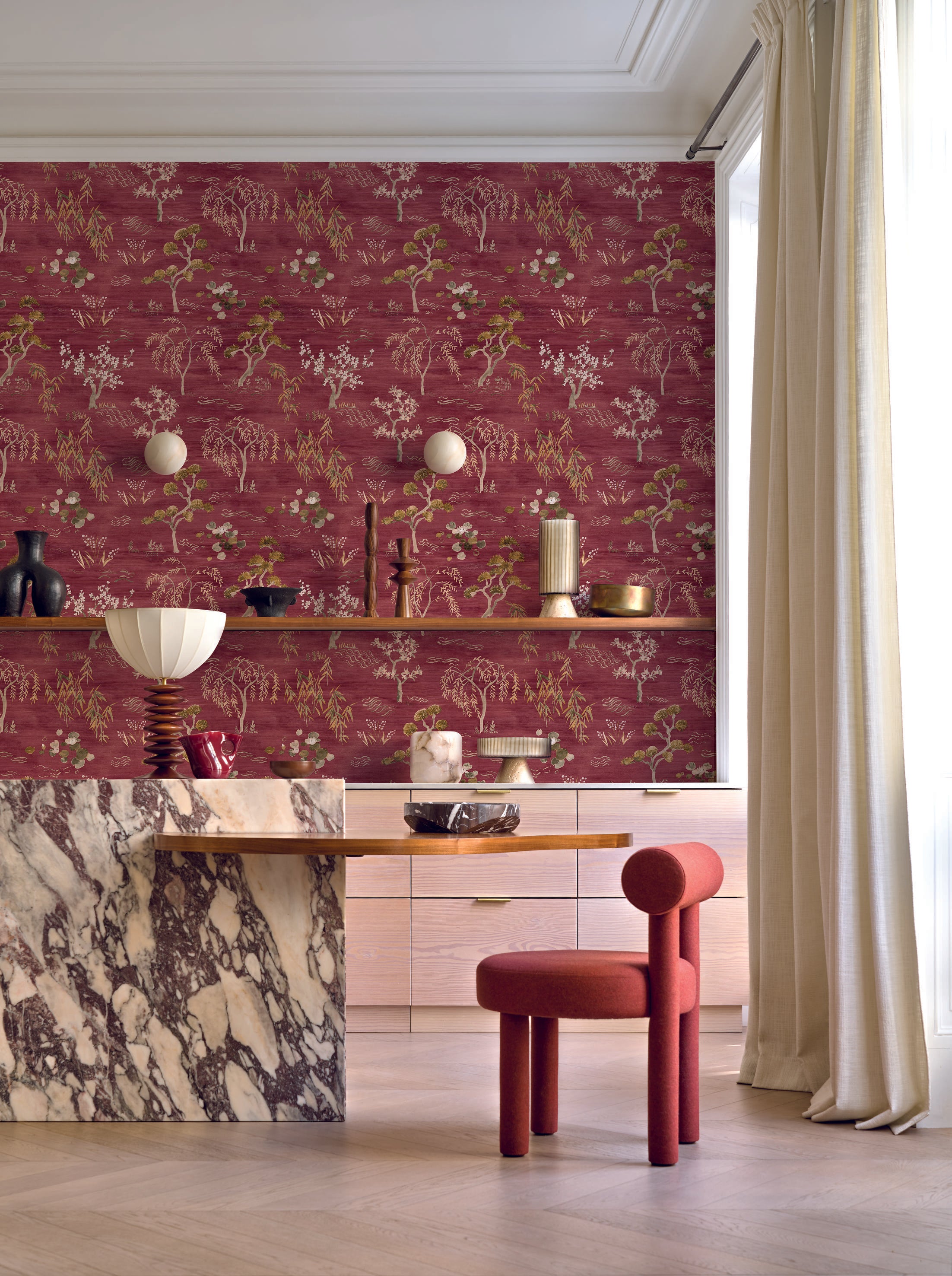 Strukturierte Tapete mit orientalischem Pflanzenmotiv AME - DORÉ/ENCRE navyblau mit dunkelbeige