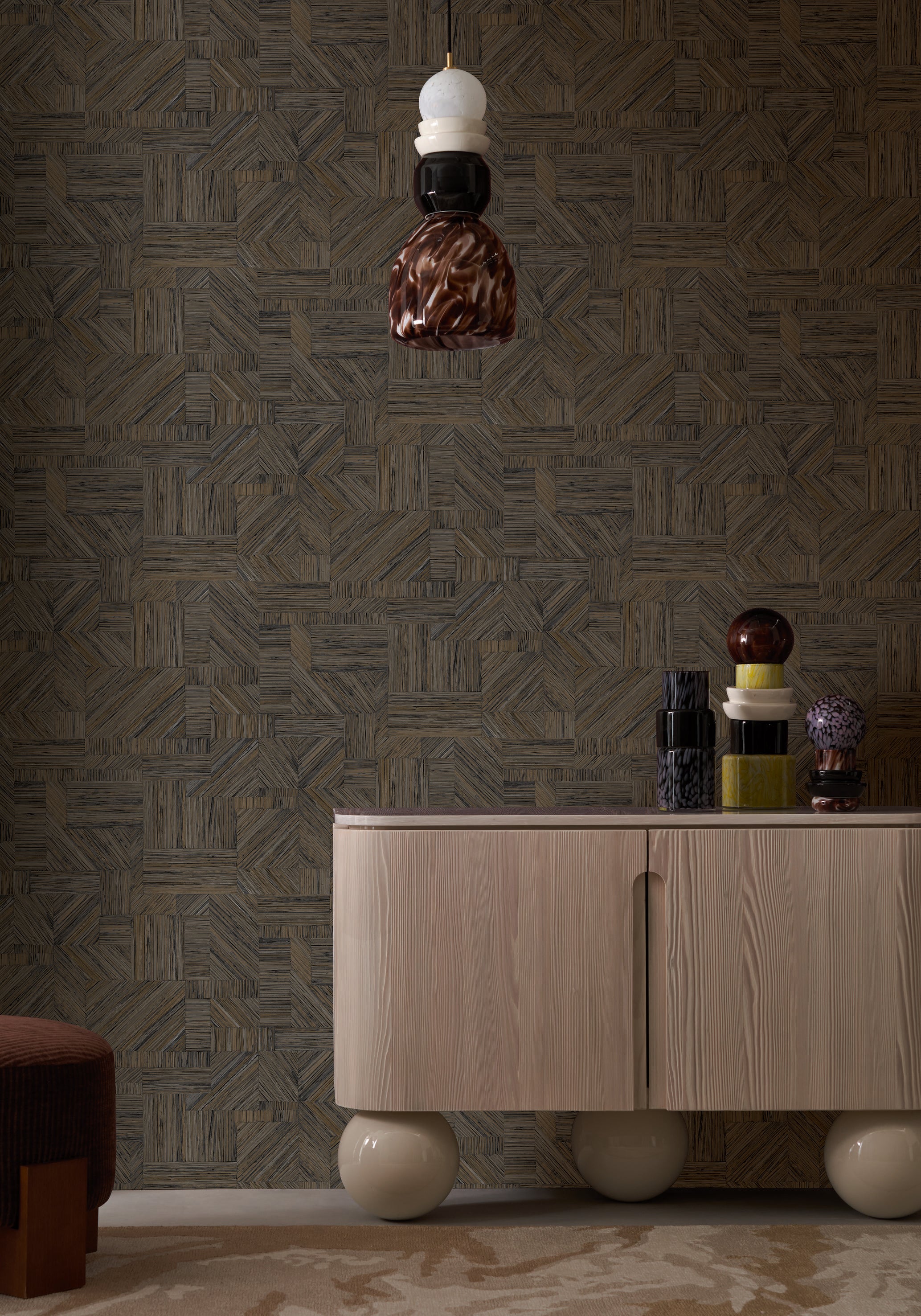 Geometric Structural Wallpaper Imitating Straw Patchwork IMBRICATION - ÉBÈNE Ebony