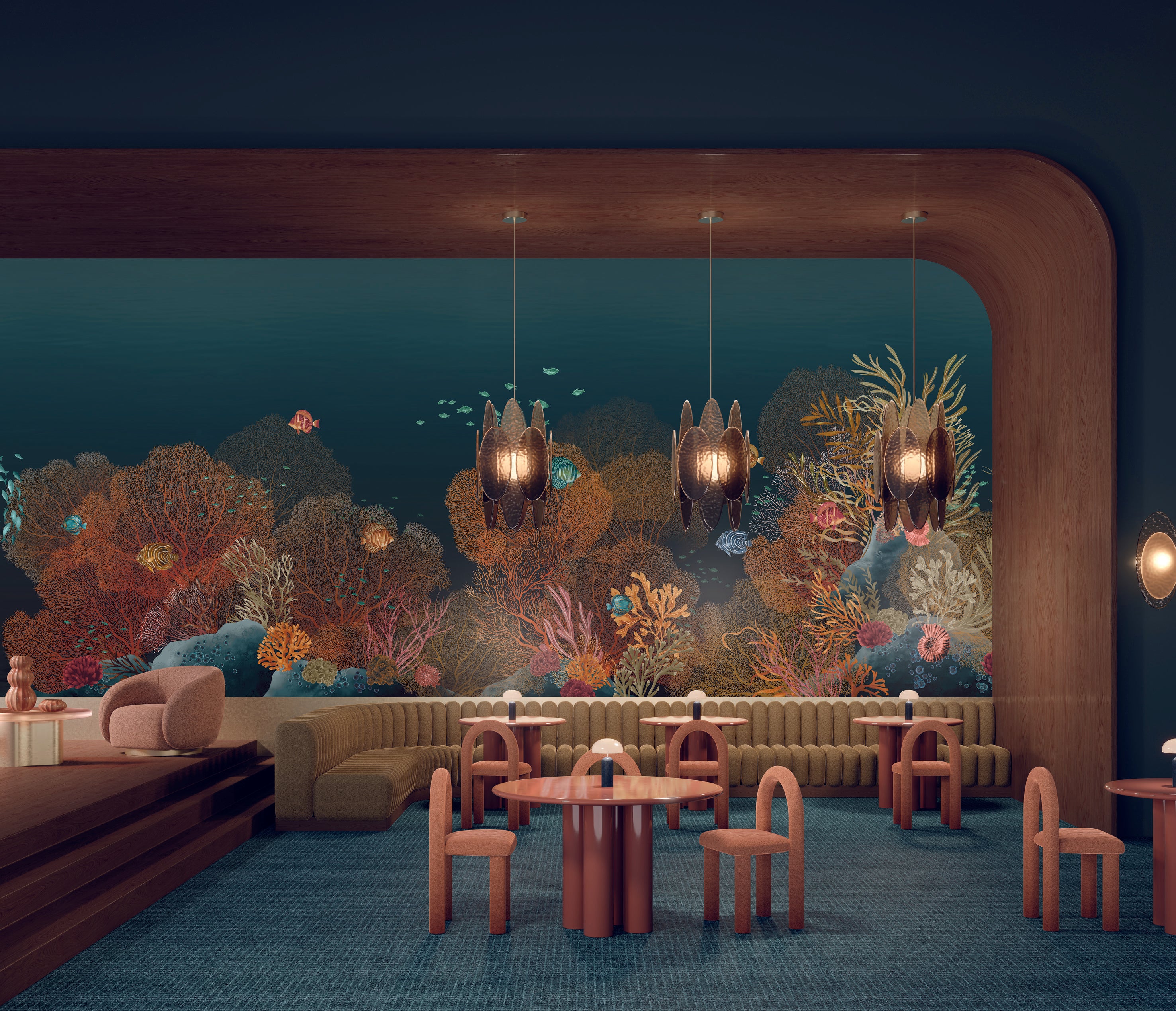 Mural with a marine motif POLYNESIE - MARINE/MULTICO navy blue with brown