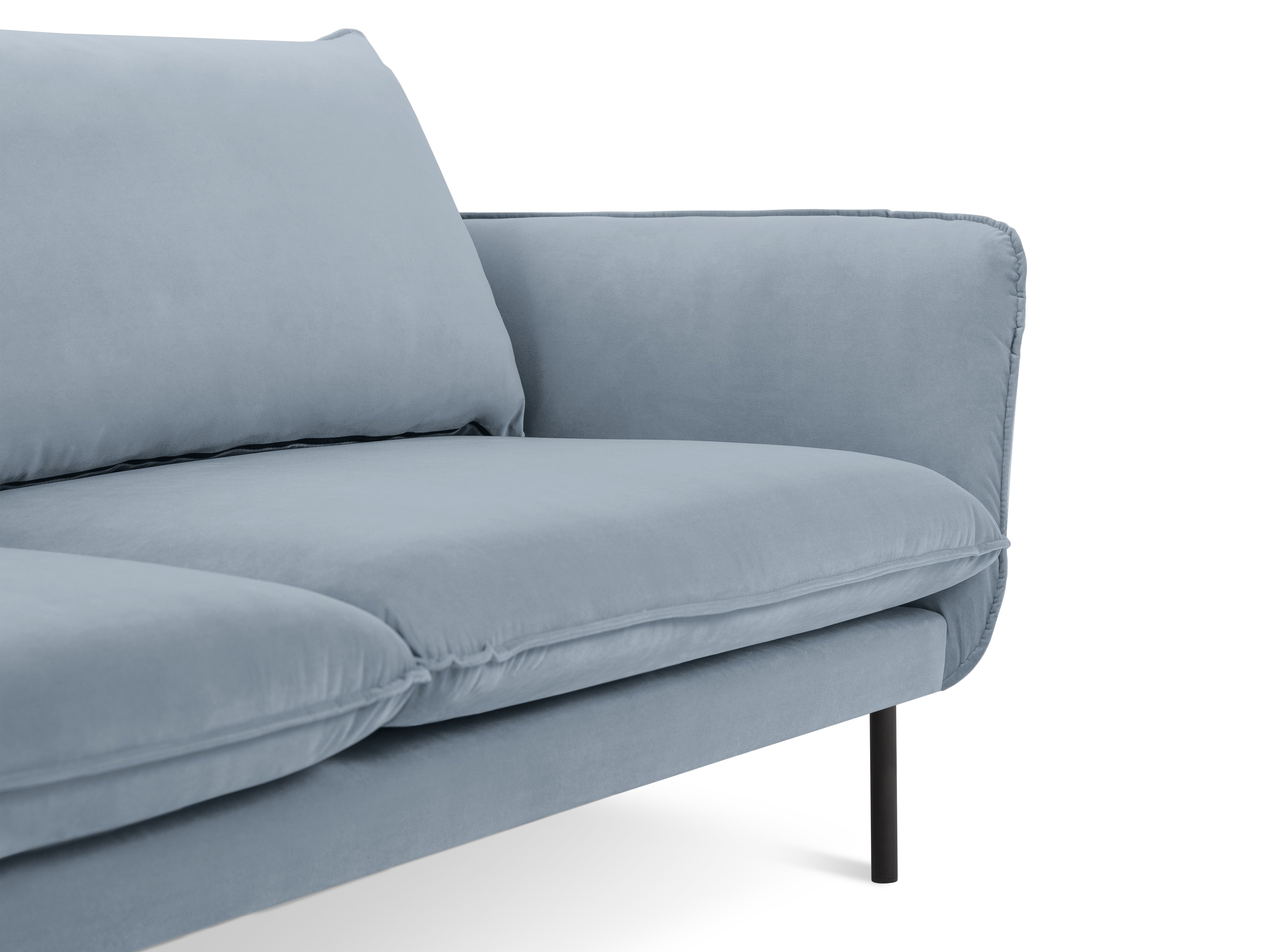 Sofa panoramisch samtig für 6 Personen VIENNA hellblau mit schwarzem Gestell