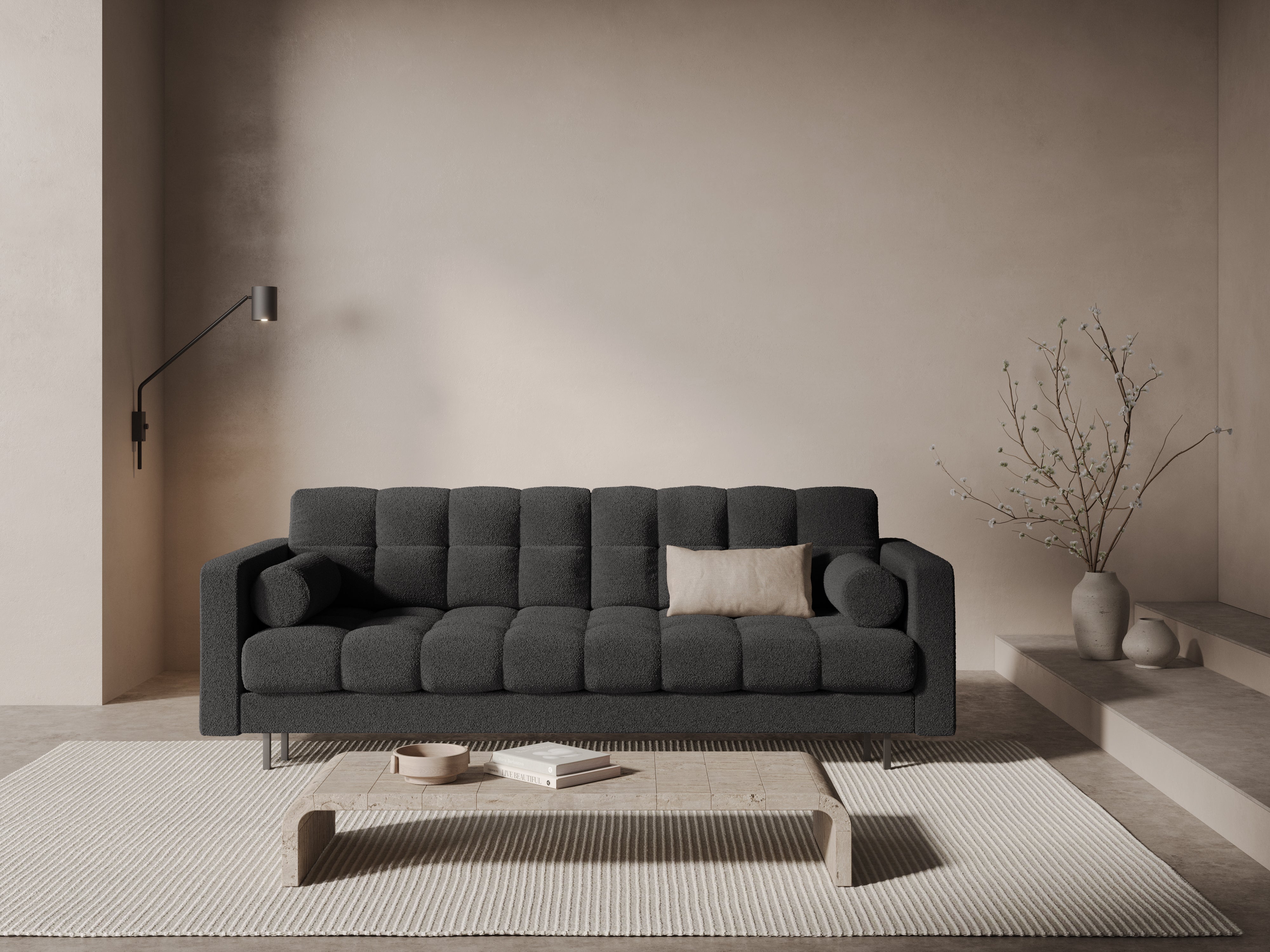 3-seater sofa with sleeping function BALI in dark gray bouclé with a black base