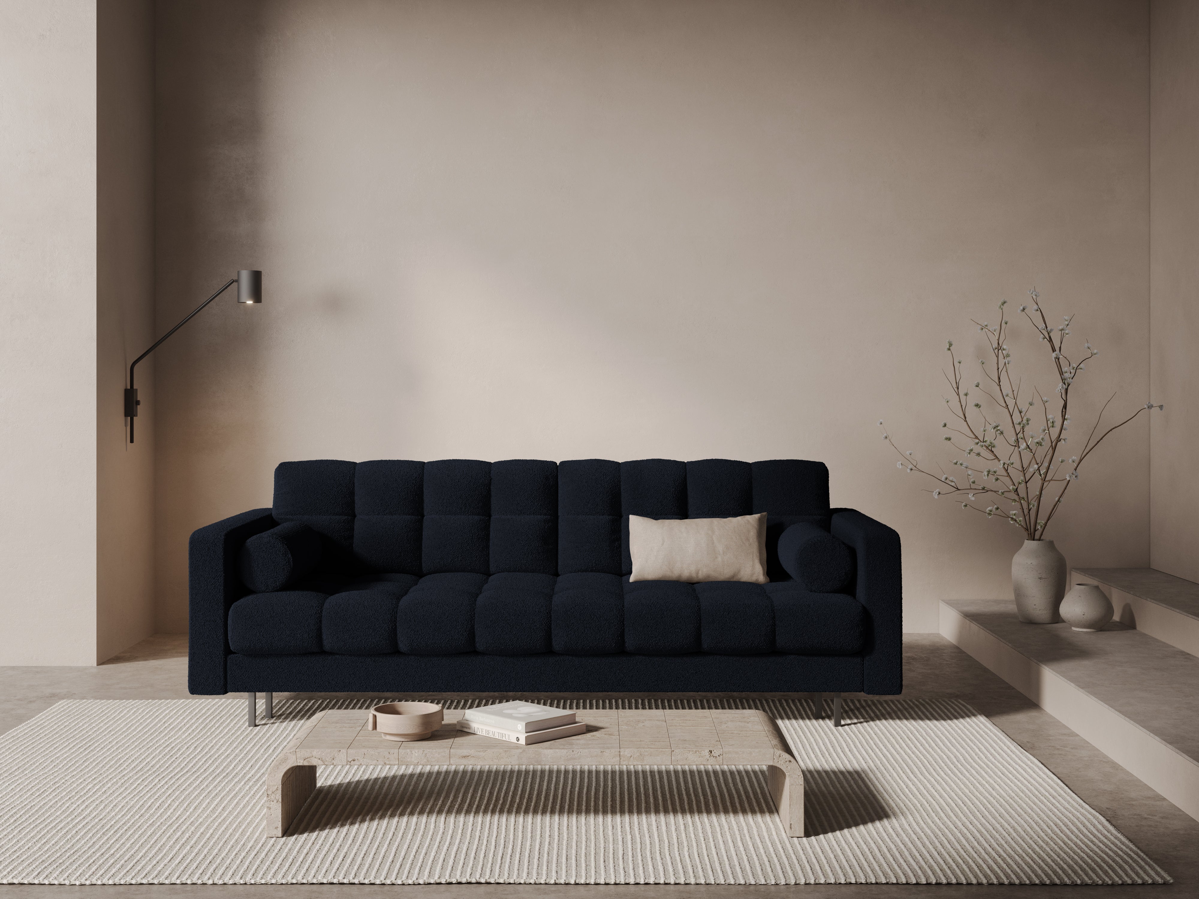 BALI 3-Sitzer Sofa mit Schlaffunktion, dunkelblaues Bouclé mit schwarzem Untergestell