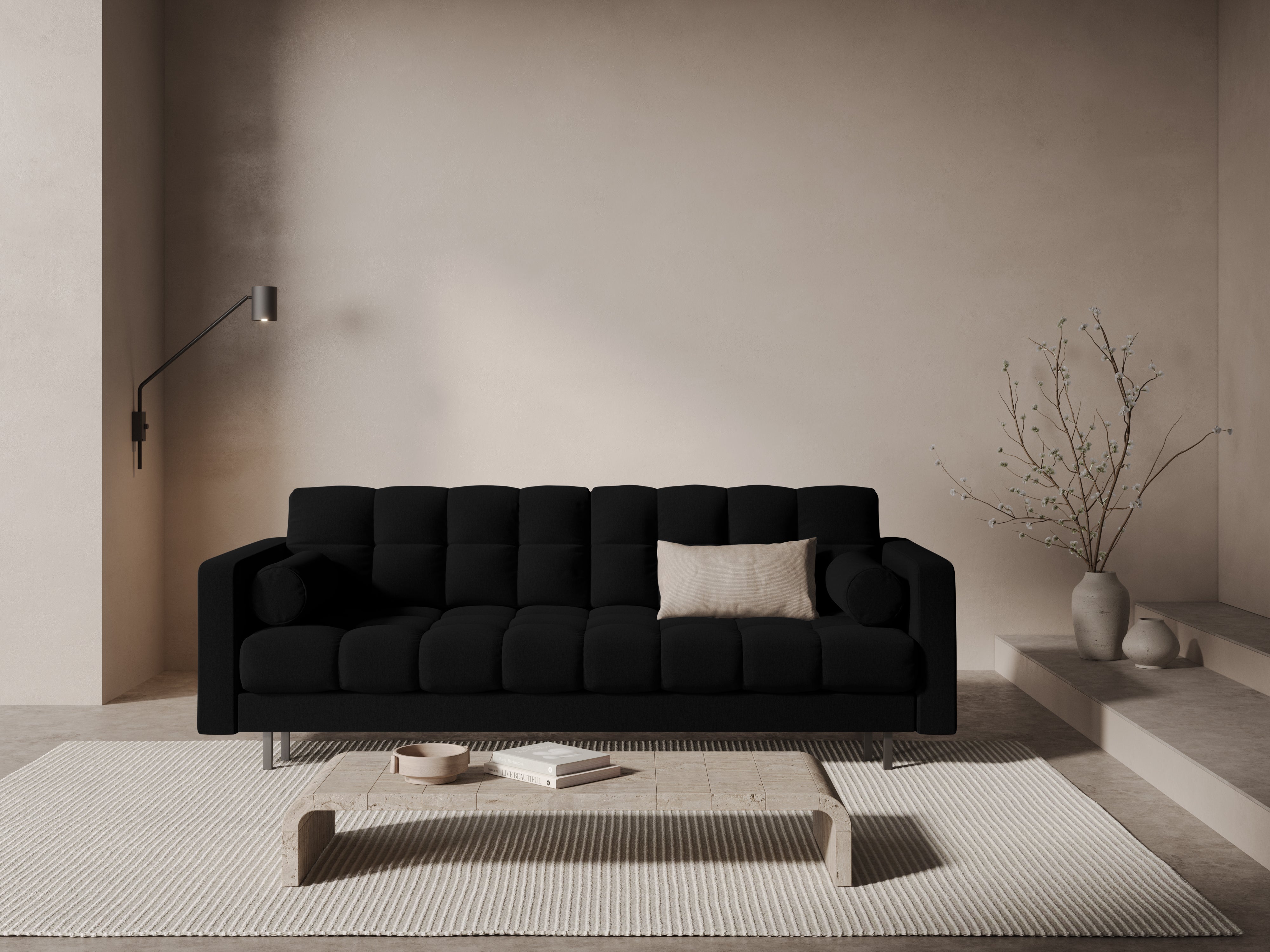 3-Sitzer Sofa mit Schlaffunktion BALI schwarzer Bouclé mit schwarzem Untergestell